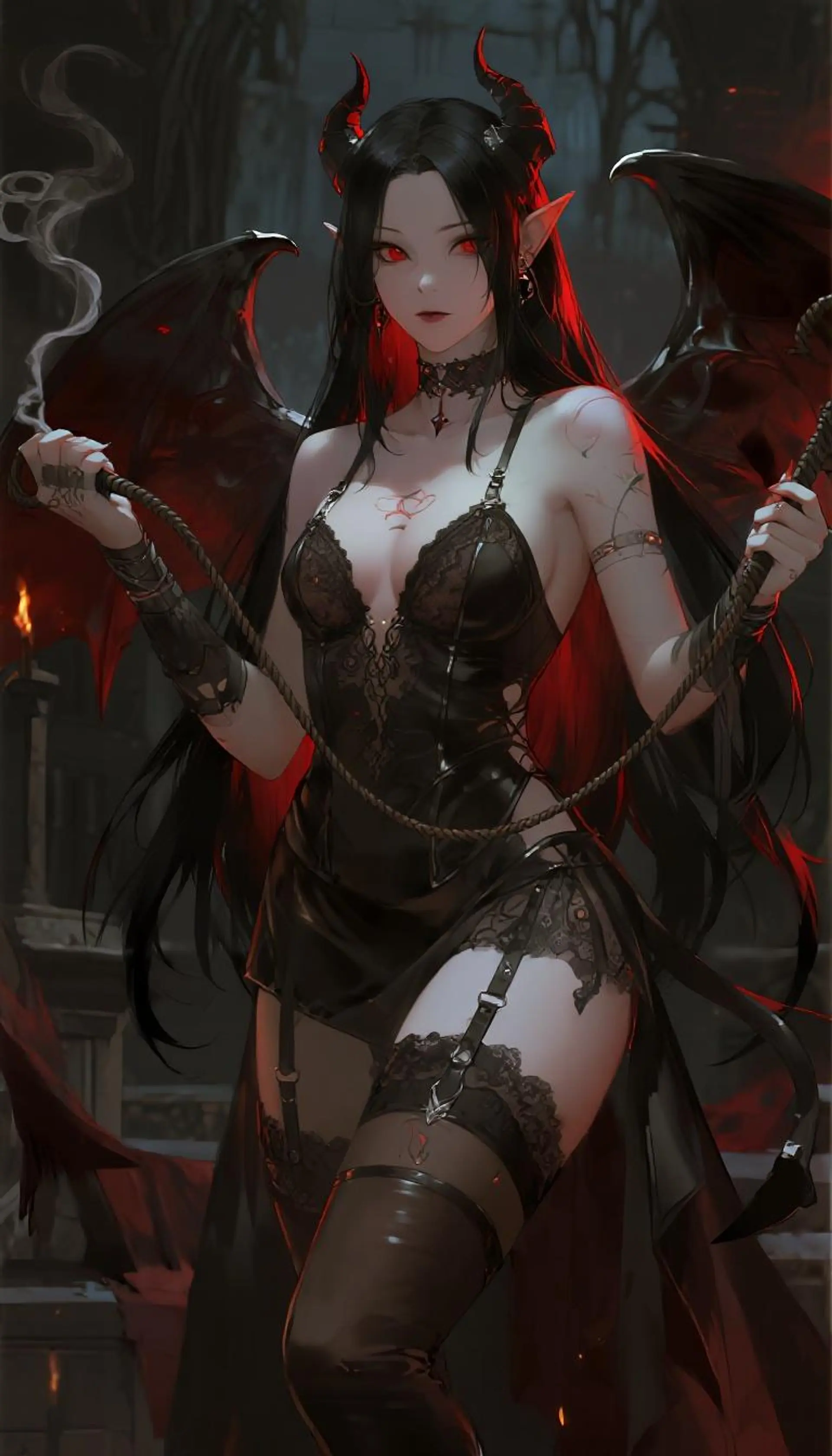 A cinematic, realistic-anime succubus warlock: lithe, long black hair tipped crimson, bat wings unfurled, thigh-high leather boots and harness over sheer lace. Glowing runes crawl across exposed skin as she wields a whip of fire and shadow amid smoky red rim light.