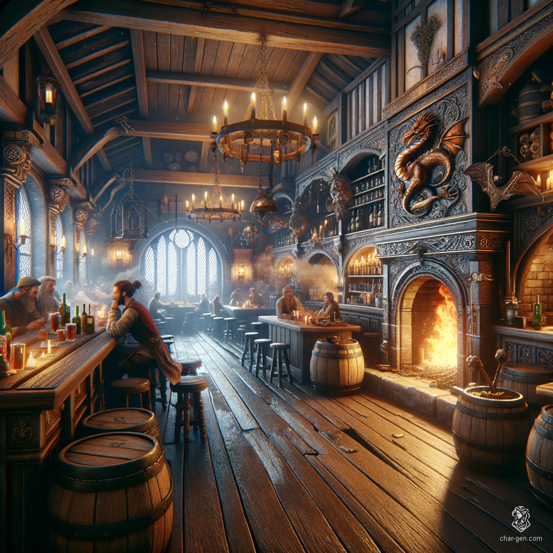 The Drunken Dragon Inn, a legendary haven, features five captivating rooms: a bustling common area with a roaring hearth, a cozy taproom, a well-stocked kitchen, a secretive storage room behind a hidden door, and a guarded cellar filled with arcane artifacts and perilous traps, where adventure and danger eagerly await.