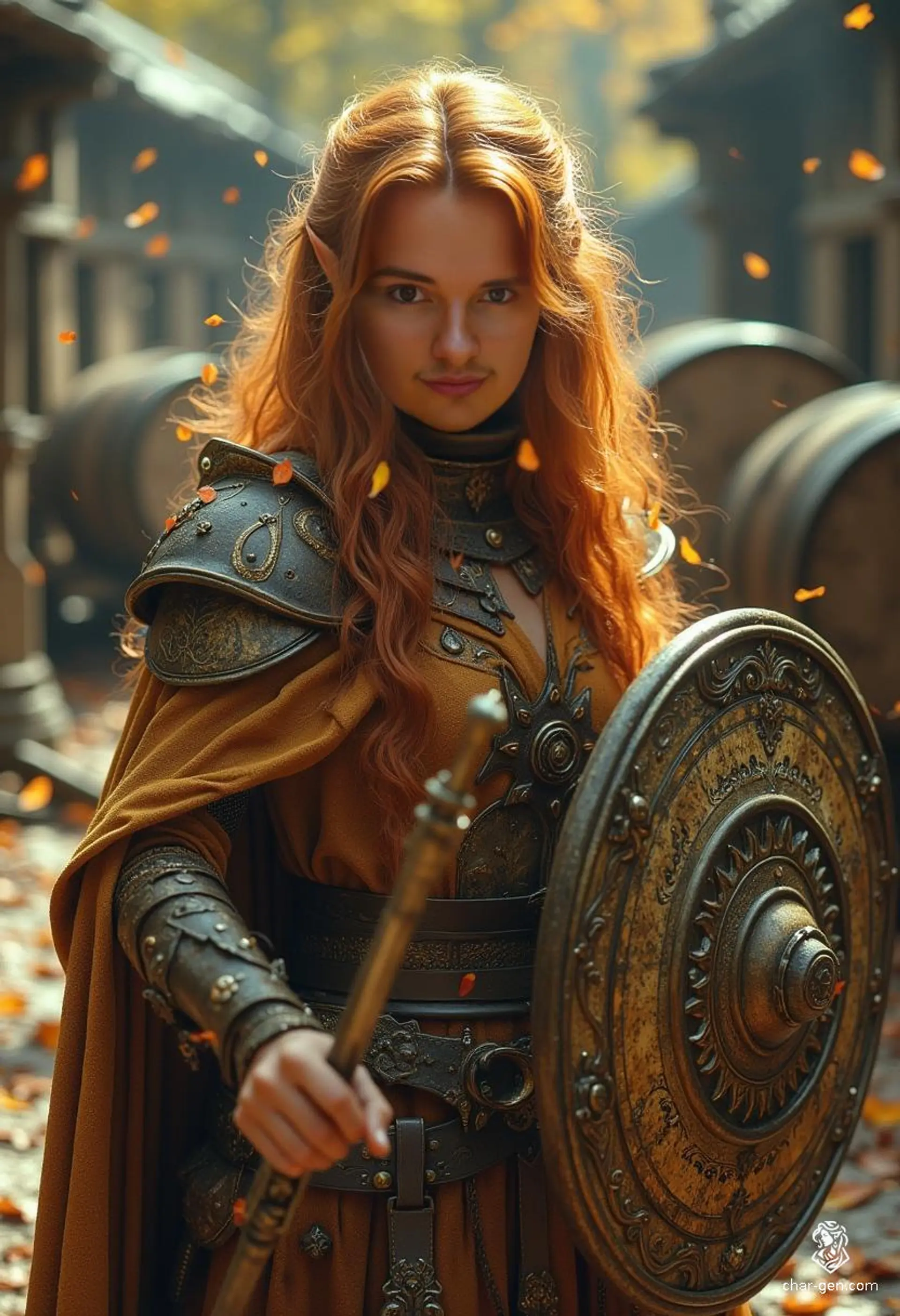 Verity, a 140-year-old Autumn Elf cleric, embodies a fierce yet serene warrior spirit. Clad in intricate armor with earthy tones and auburn hair adorned with autumn leaves, they wield a rapier and a broad shield, ready for battle. Their golden skin and azure eyes radiate wisdom and strength, guided by a chaotic independence.