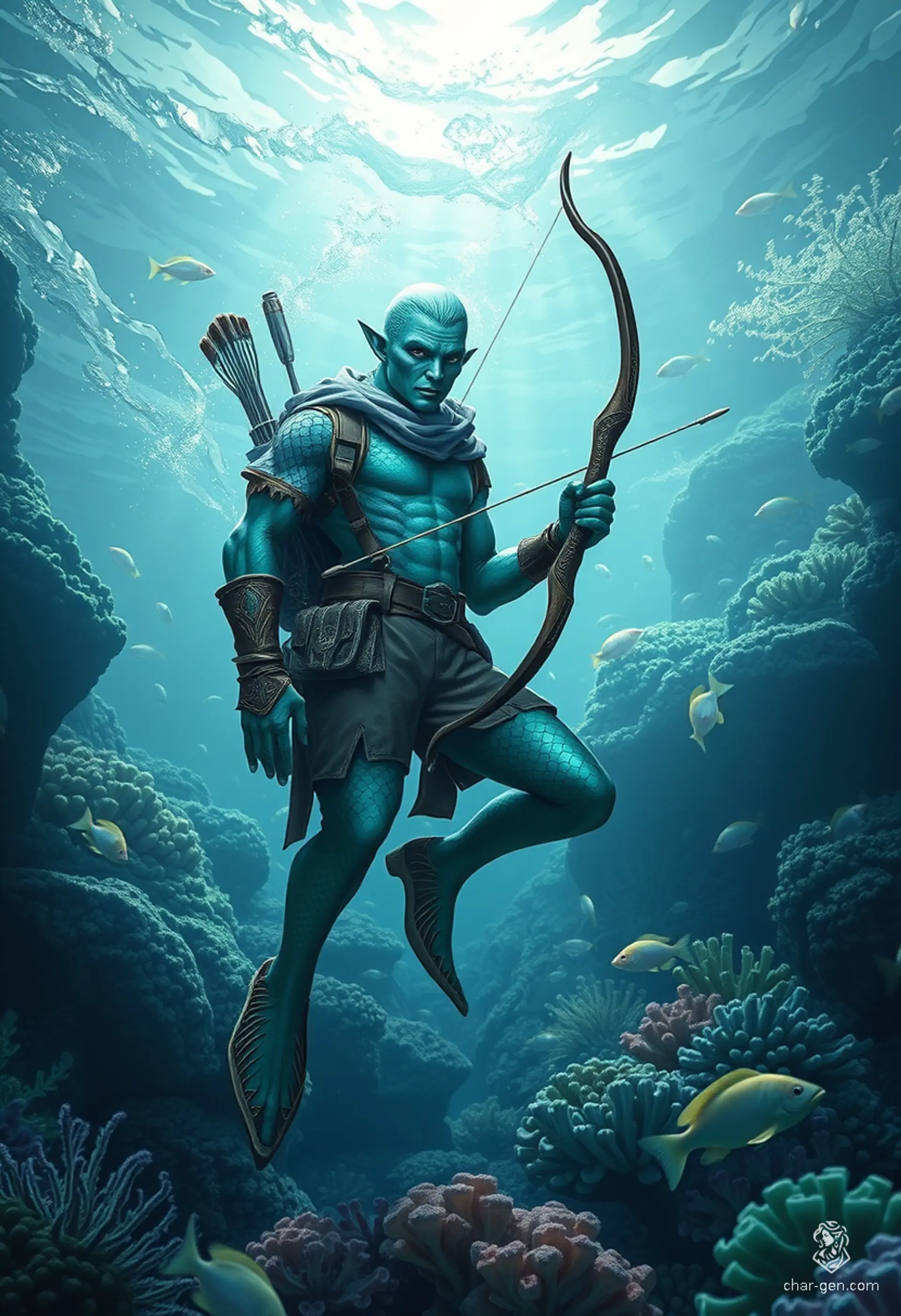 Elyndor, the triton ranger, blends seamlessly into the forest and mountain landscapes with his striking green skin and aquatic features. Equipped with bow and spear, he skillfully tracks prey, his fish-like lower half allowing swift movement through both water and land as he hunts in harmony with nature.