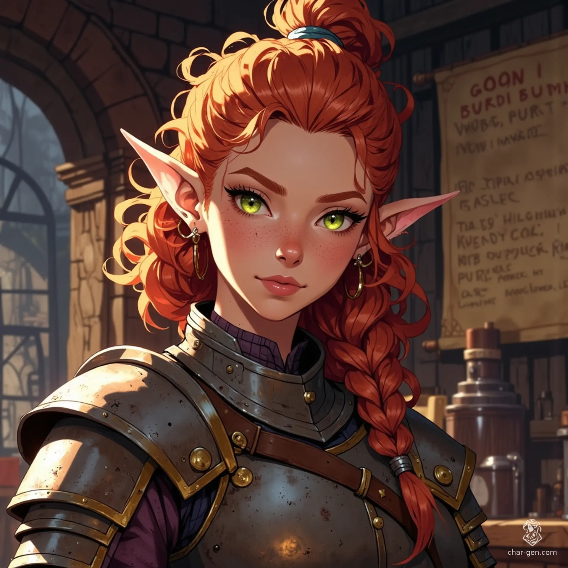 A spirited young female dwarf, with long curly red hair tied in a messy ponytail and freckles adorning her porcelain skin, proudly works in her blacksmith shop. Clad in battle-worn plate armor, her vibrant green eyes shine through the warm morning light, capturing her strength and determination in a lively fantasy world.