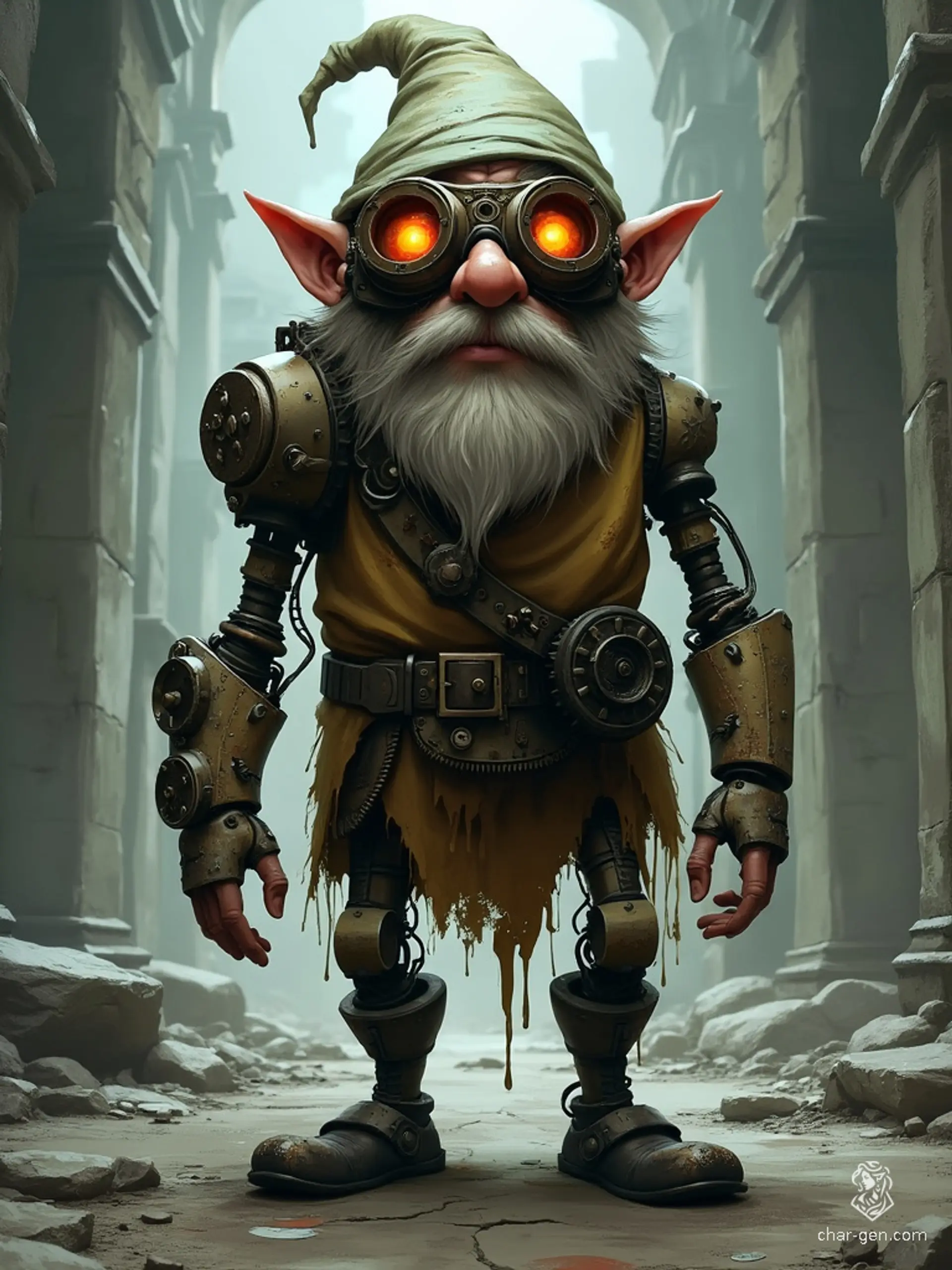 An autognome, a robot gnome powered by gears, pulleys, and a touch of magic, serves as an ingenious Artificer. Adorned with intricate goggles and surrounded by mechanical devices, this character fuses technology and enchantment seamlessly.