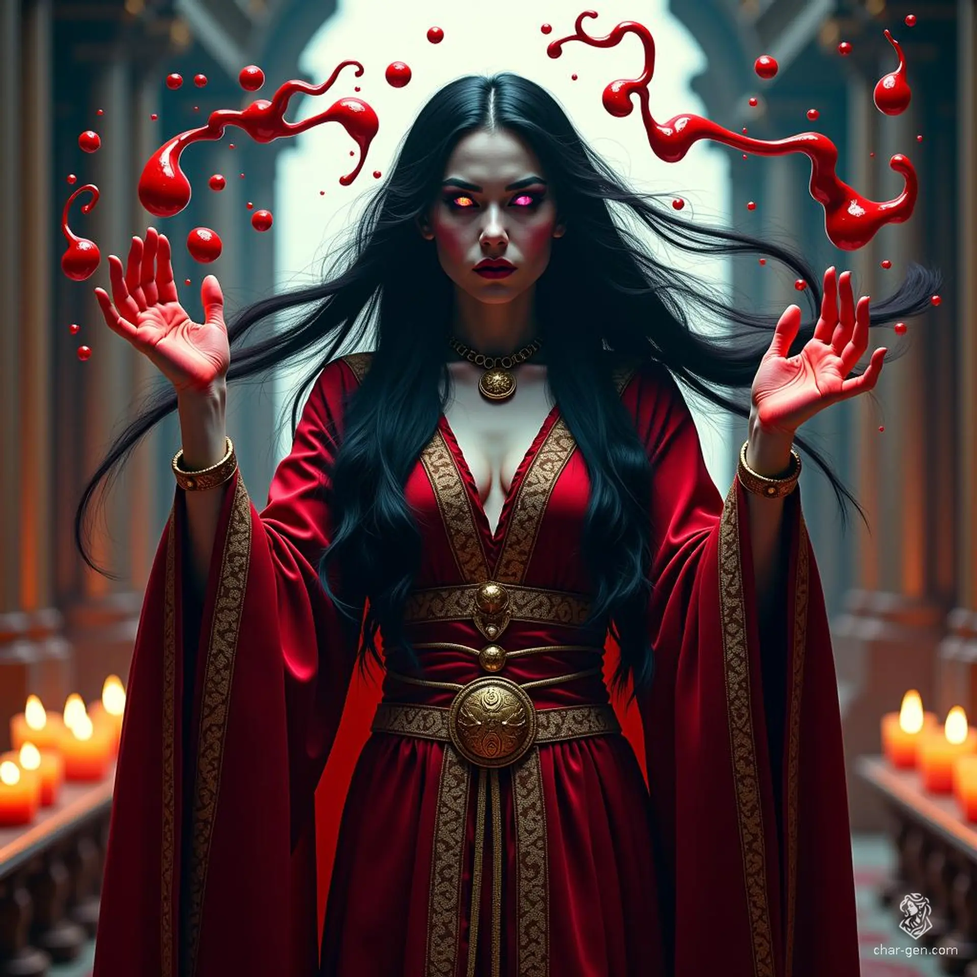 The enigmatic vampire priestess, draped in crimson and gold ceremonial robes, embodies dark magic. With a hauntingly pale visage and glowing violet eyes, she commands swirling blood around her in an ancient temple, embodying power and mystery as she invokes blood magic in an eerie, candlelit ritual.