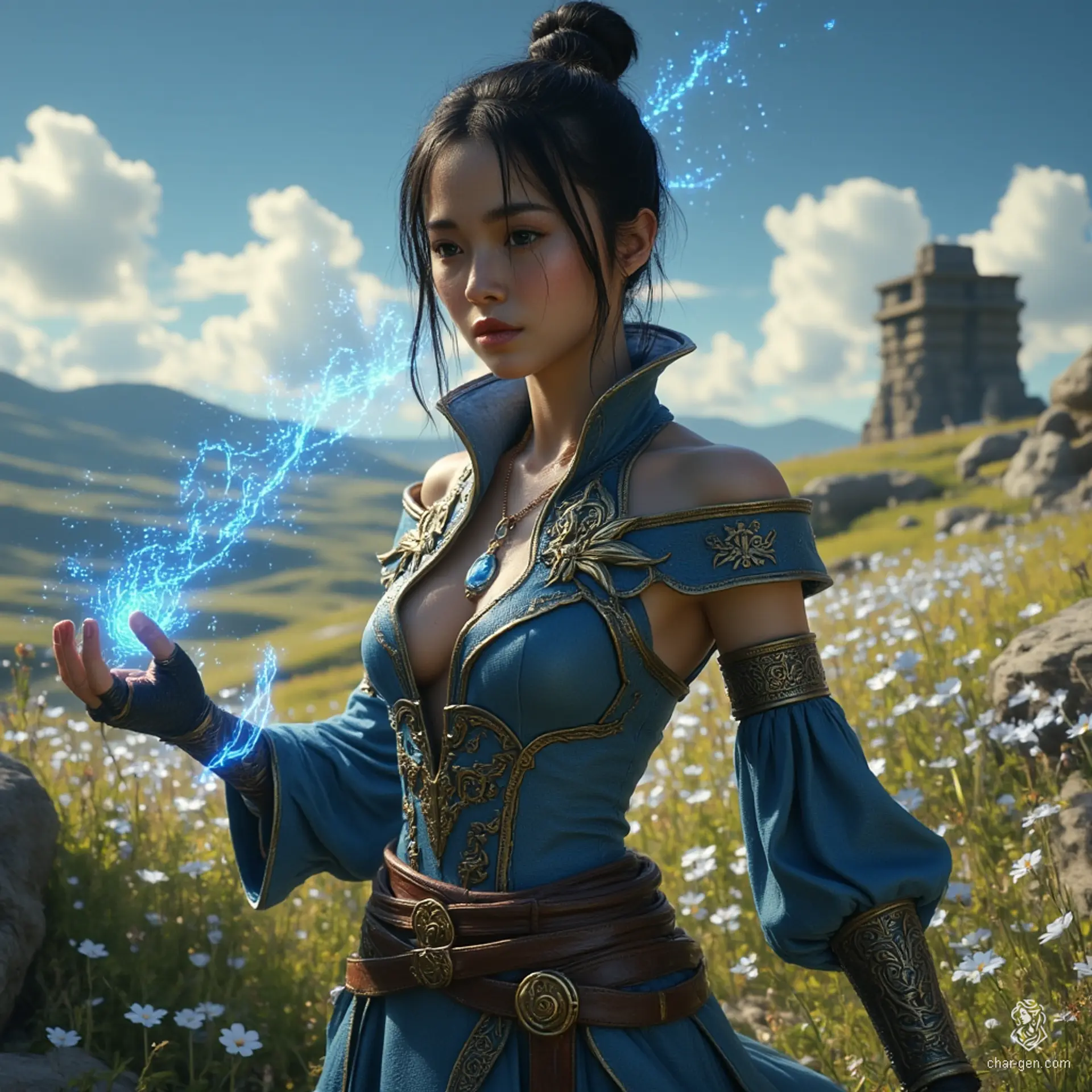 Jouli is a striking investigator mage of East Asian ancestry, standing 5'4" with a lithe frame and vibrant, glowing blue eyes. In intricately embossed leather armor, she channels her magic while tracing a large rune, her pale skin shimmering in the sunlight as she defends against impending danger. A middle-aged beauty, she expertly balances her roles as a protector and librarian among ancient texts.