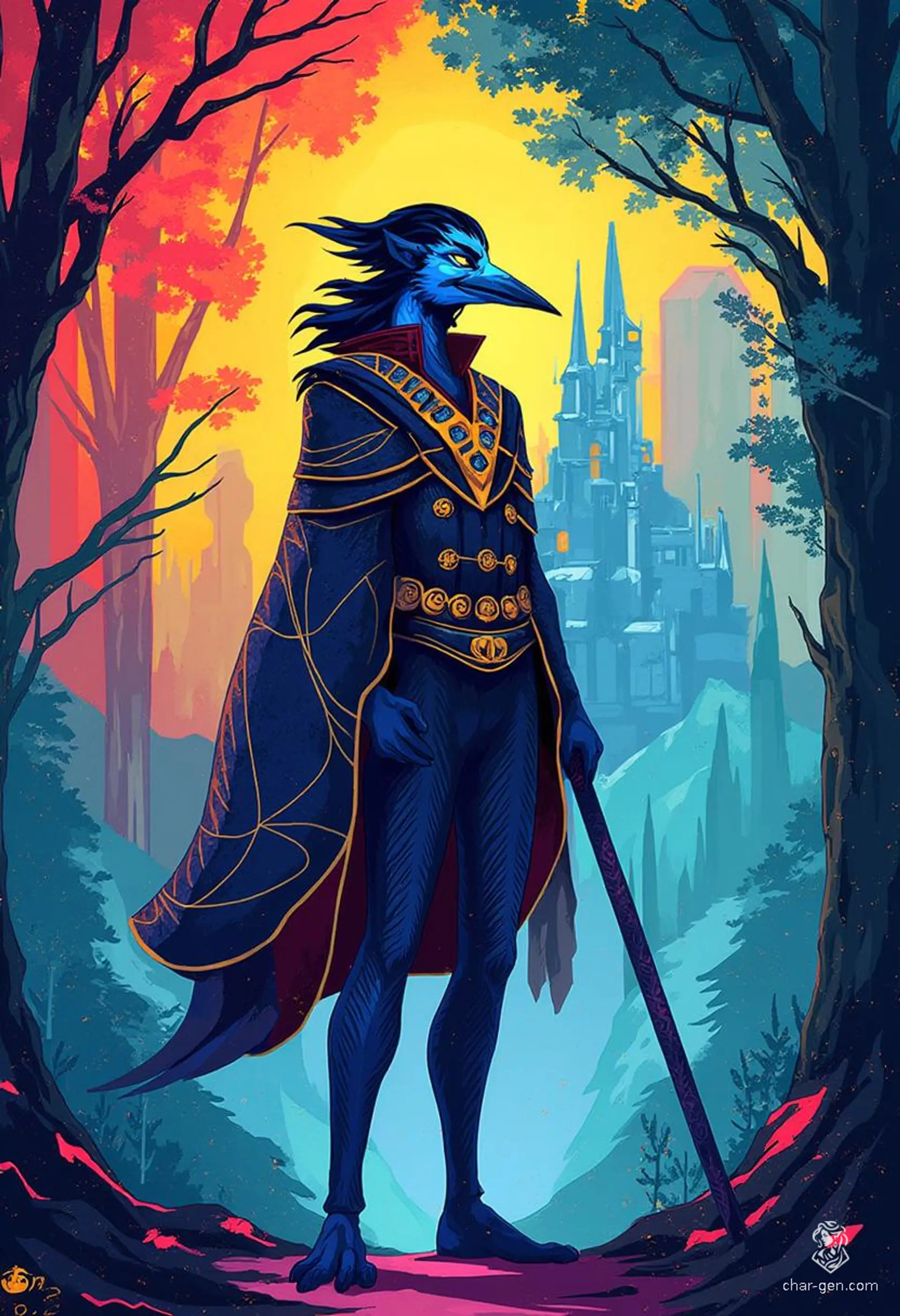 Krackle Brightbeak is a 20-year-old, blue-skinned kenku sorcerer with a raven-like head and wings. A charming and intelligent criminal, he wields an enchanted quarterstaff and wears a mesmerizing, shifting cloak that enhances his unpredictable magic, all while exuding a powerful aura of mystery.