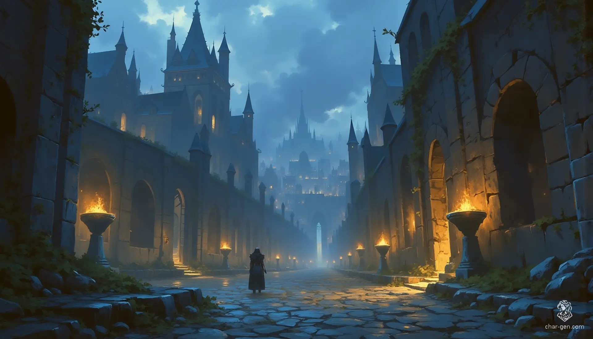 In Westcrown, overcast skies cast a moody pallor over regal, gothic architecture, where cracked walls and weathered statues tell tales of forgotten grandeur. Shadows stretch through narrow alleys, creating an atmosphere rich with intrigue and echoes of a mystical past, inviting exploration into its enigmatic depths.