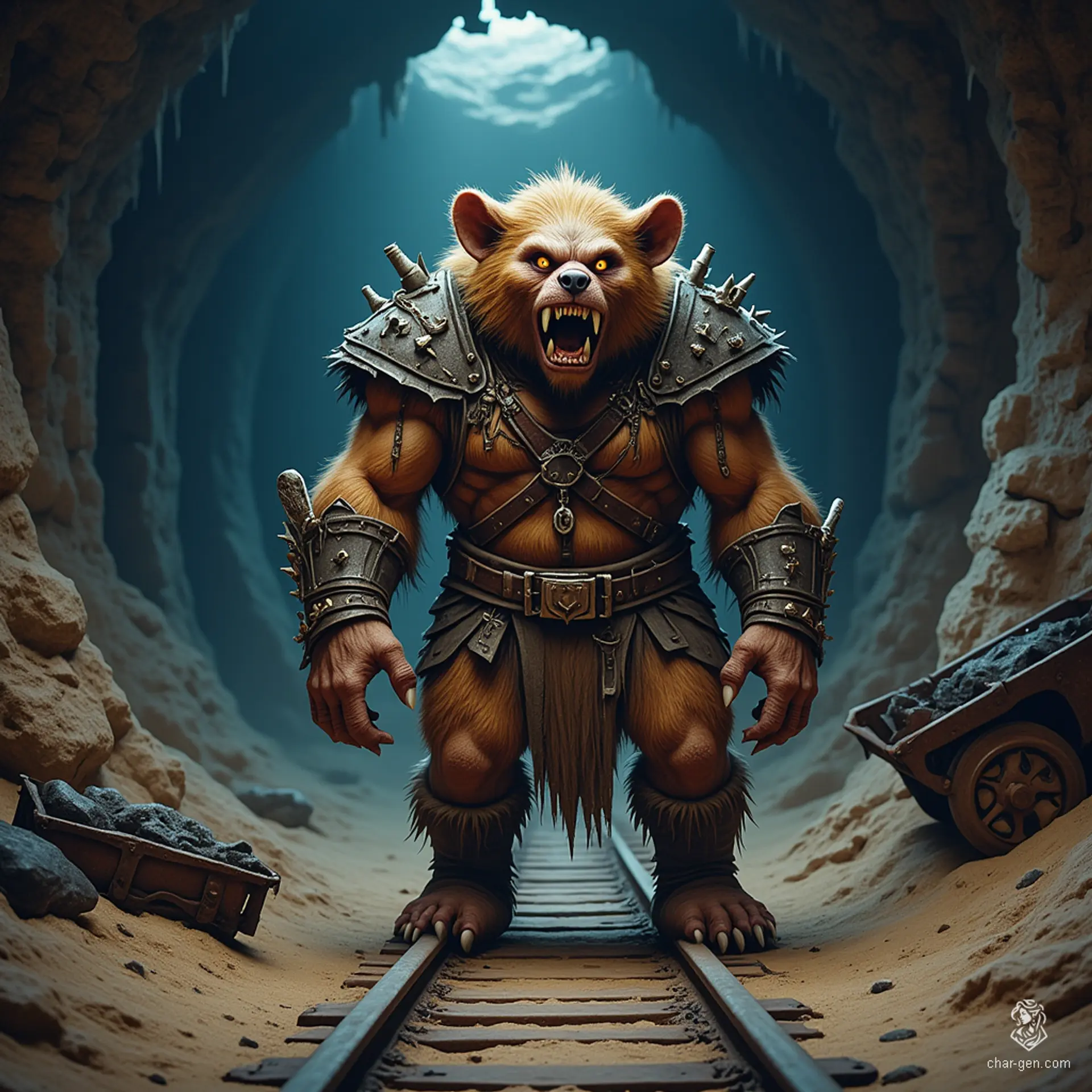 A hulking bugbear barbarian, he epitomizes wild strength with his fur-covered body, sharp fangs, and formidable claws. His piercing eyes and tufted ears hint at a primal intelligence, while a bear-like nose marks him as a fierce guardian of the untamed wilderness.