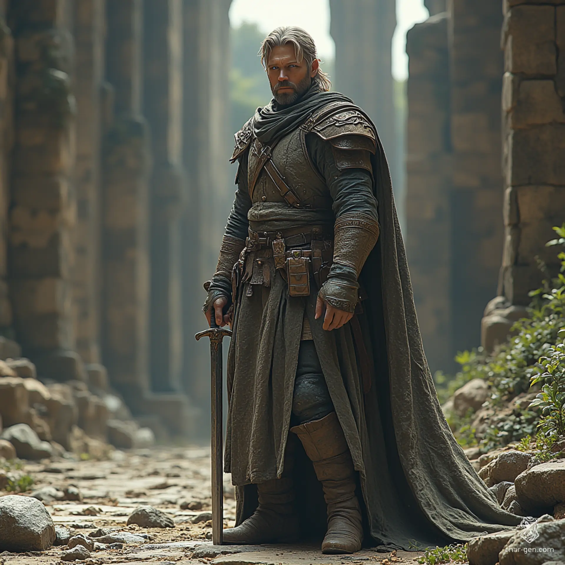 Tancrede, a weathered 55-year-old human warrior, blends the skills of a fighter, ranger, and rogue. With a shortsword in hand and a keen eye for nature, he embodies resilience and intelligence. Haunted by past tragedies, he tracks dragons while uncovering the truth behind a young hero's legacy.