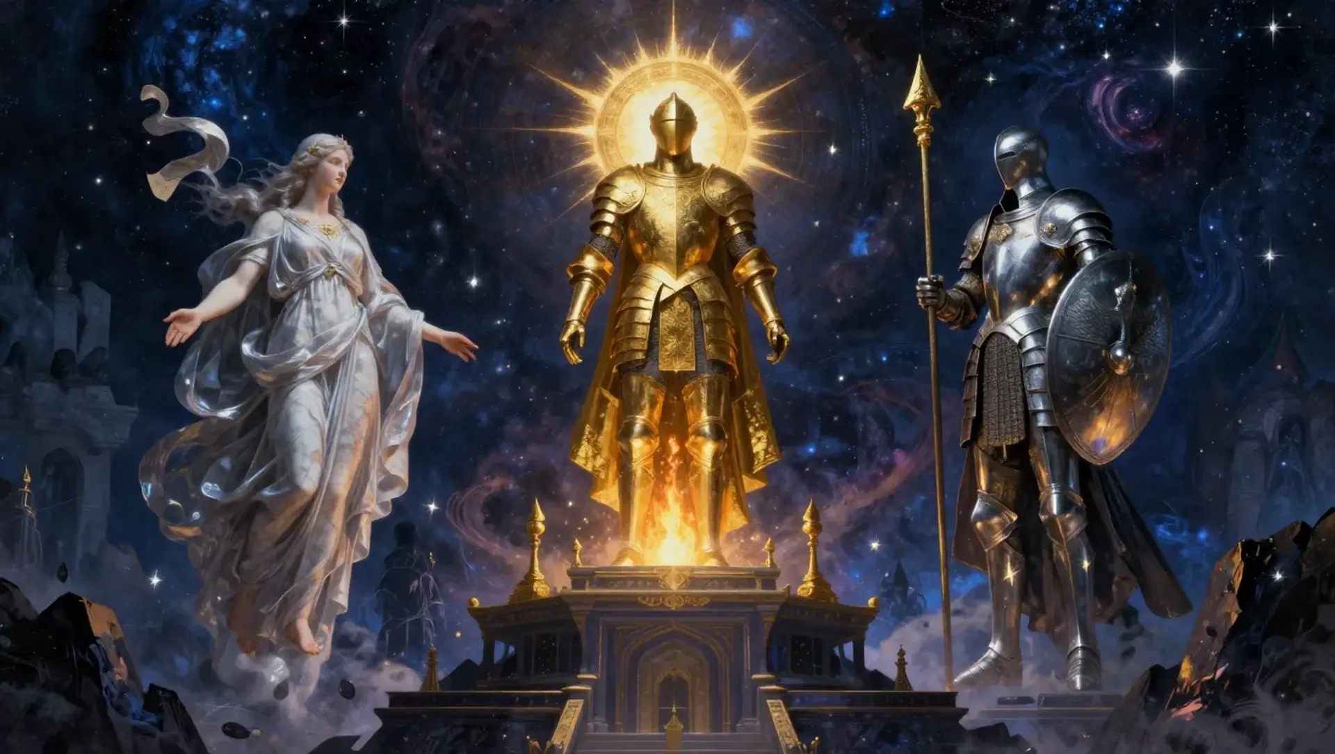 The Triad of Eternal Radiance - AI-generated fantasy Pantheon