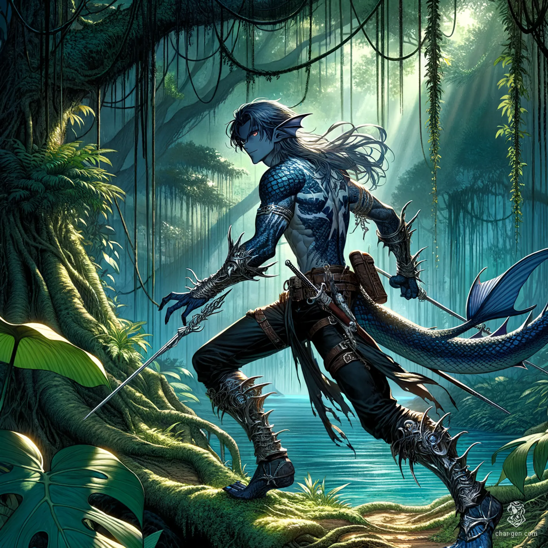 A wild and rugged male triton barbarian, with very dark skin and contrasting soft smoky gray hair. His upper body is blue and elf-like, while his lower half boasts scaly legs and webbed feet. Clad in rugged clothing, he hunts dark magic users using holy symbols and silver weapons.