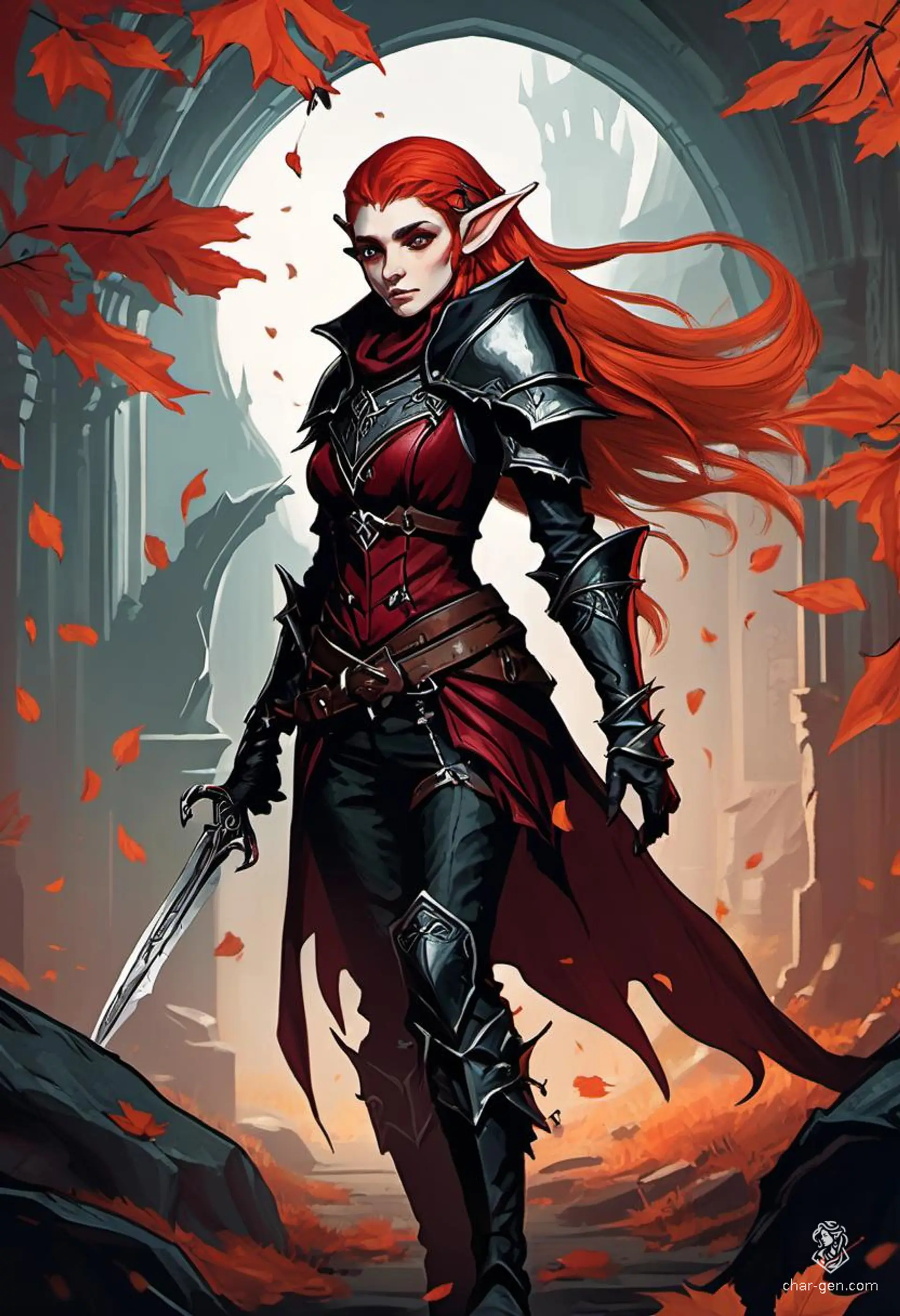 An Autumn Elf assassin, this female rogue dons black leather armor to blend into the shadows. With auburn hair adorned with autumn leaves, she is stealthy and dangerous, wielding concealed daggers and exuding a seductive air. Light-footed, she is a master of covert operations.