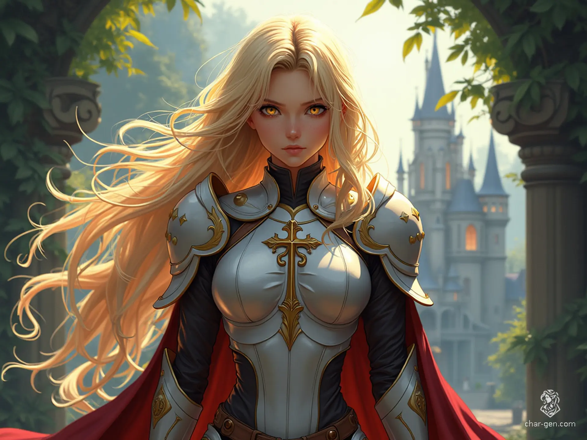 A seductive female aasimar cleric with flowing blonde hair and unusual colored eyes, dressed in skin-tight armor. She radiates a subtle angelic glow, bearing a prominent holy symbol, and stands serenely amid a hoard of shadows, the lone beacon of light in the darkness.