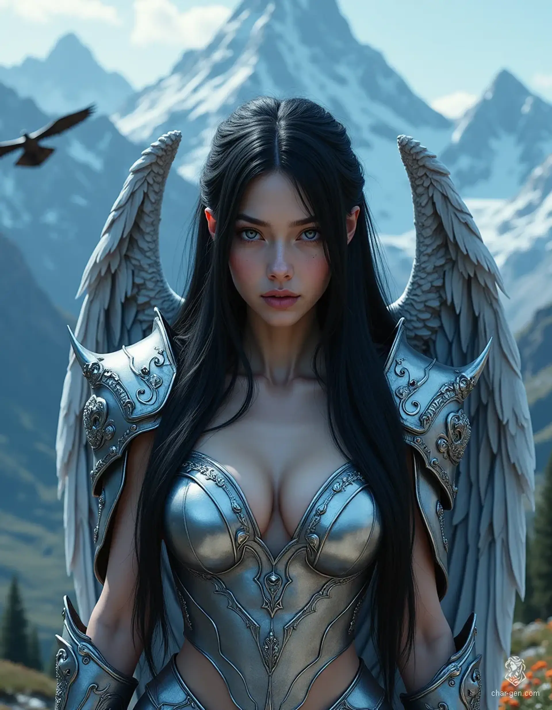 A striking young paladin, this graceful Valkyrie exudes a dignified aura. With long, glossy black hair framing her heart-shaped face and piercing blue eyes, she stands confidently in revealing silver armor. Her dove-grey wings unfurl majestically against a moonlit sky, embodying strength and beauty as a celestial messenger.