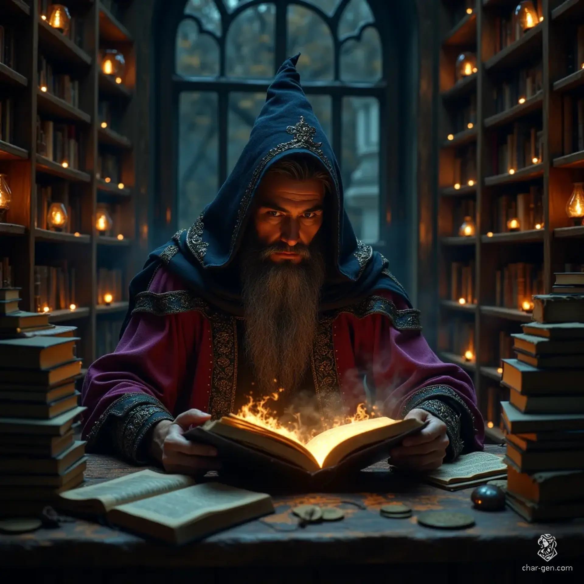 In a shadowy library filled with ancient tomes, a wizened wizard librarian meticulously studies a sprawling collection of books. Cloaked in mystery, his long beard brushes against dusty scrolls, as he seeks forgotten knowledge and hidden magic, illuminating the path to wisdom in the darkness.