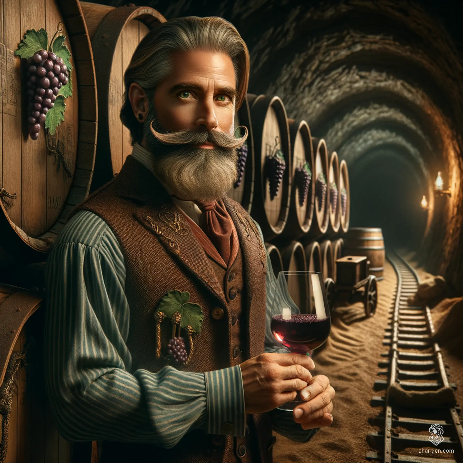 Valin Stonebrew is a middle-aged male dwarf with elegant, braided hair that hints at his refined taste. As a master vintner, he meticulously blends wines in his dimly lit cellar, surrounded by barrels and intricate vineyard maps, embodying both craftsmanship and sophistication.