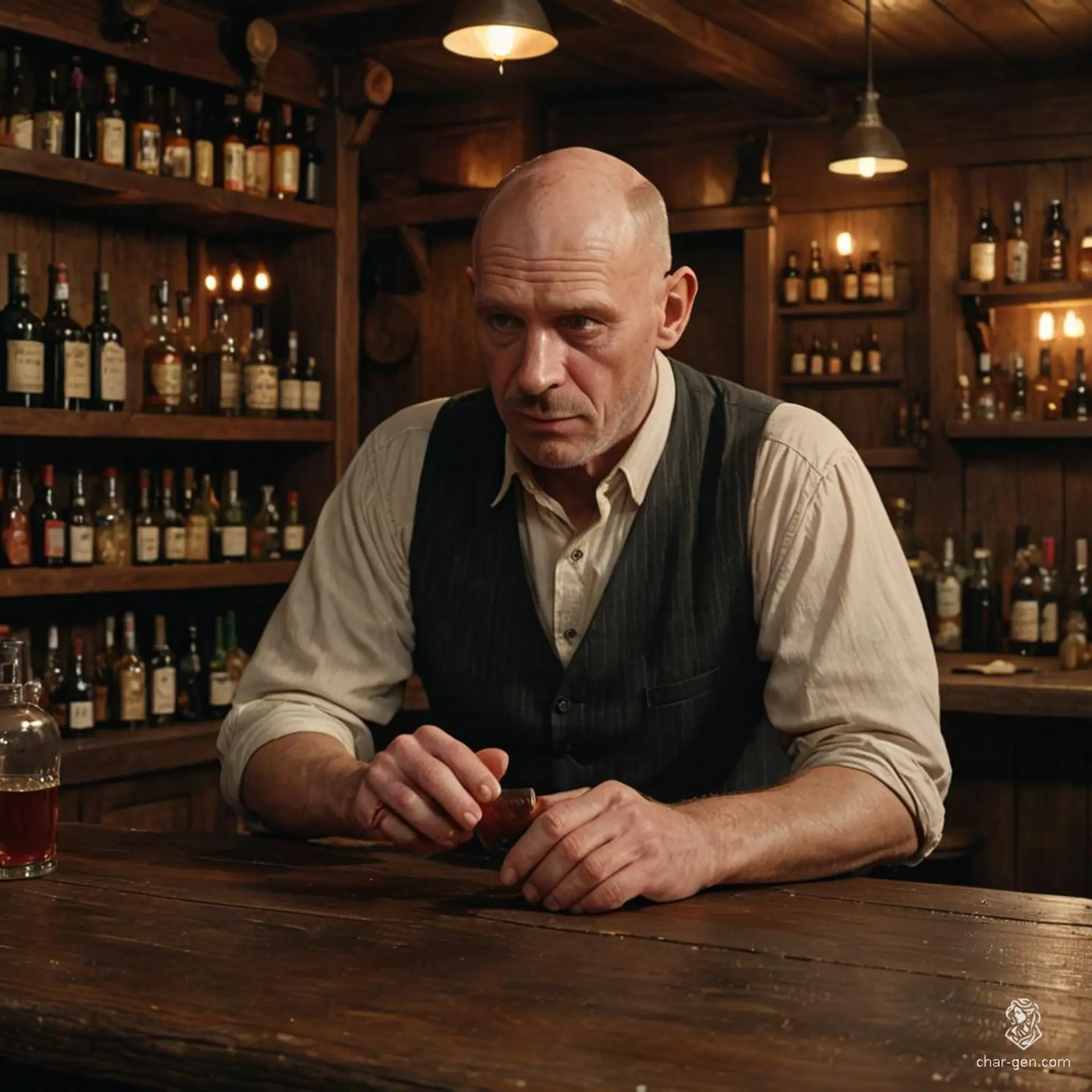 A pale-skinned, balding redhead, this old, portly bartender tirelessly wipes down counters among barrels and bottles. His human features radiate resilience as he serves drinks to lively patrons, embodying the essence of a seasoned tavern keeper.