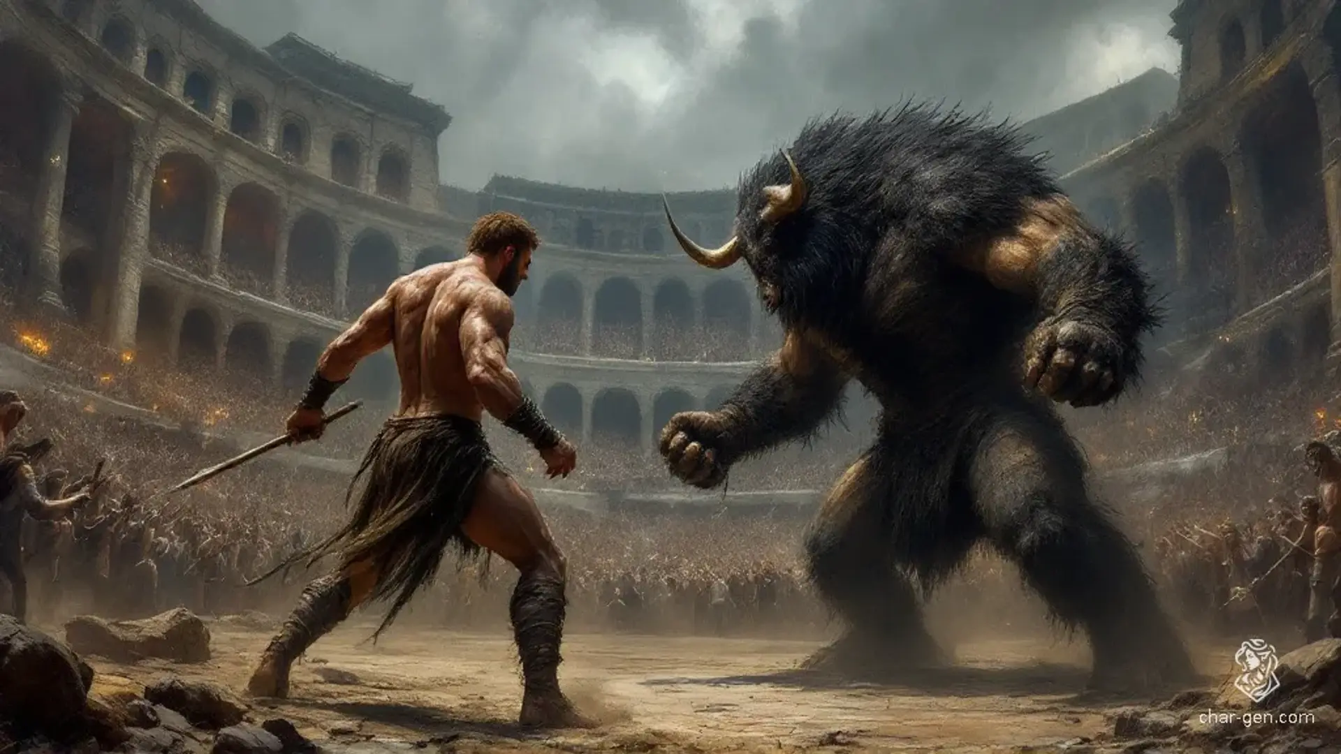 In a grand colosseum, a muscular human fighter battles a fearsome minotaur. Clad only in a loincloth, he wields a spear and net, sweat and dirt gleaming on his tanned skin. The crowd roars, captivated by this epic clash of strength and cunning.