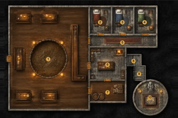 The same tavern painted as a top-down battlemap