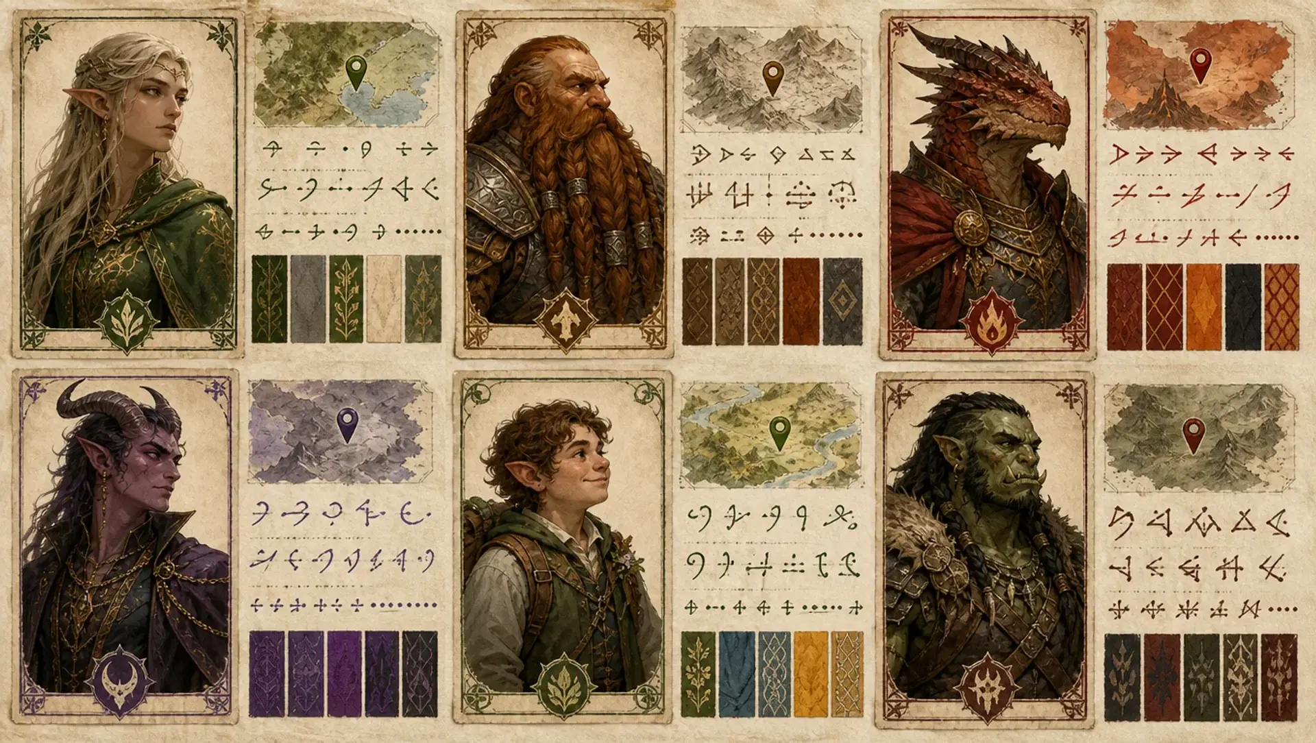 An illustrated field index comparing several fantasy species and cultures