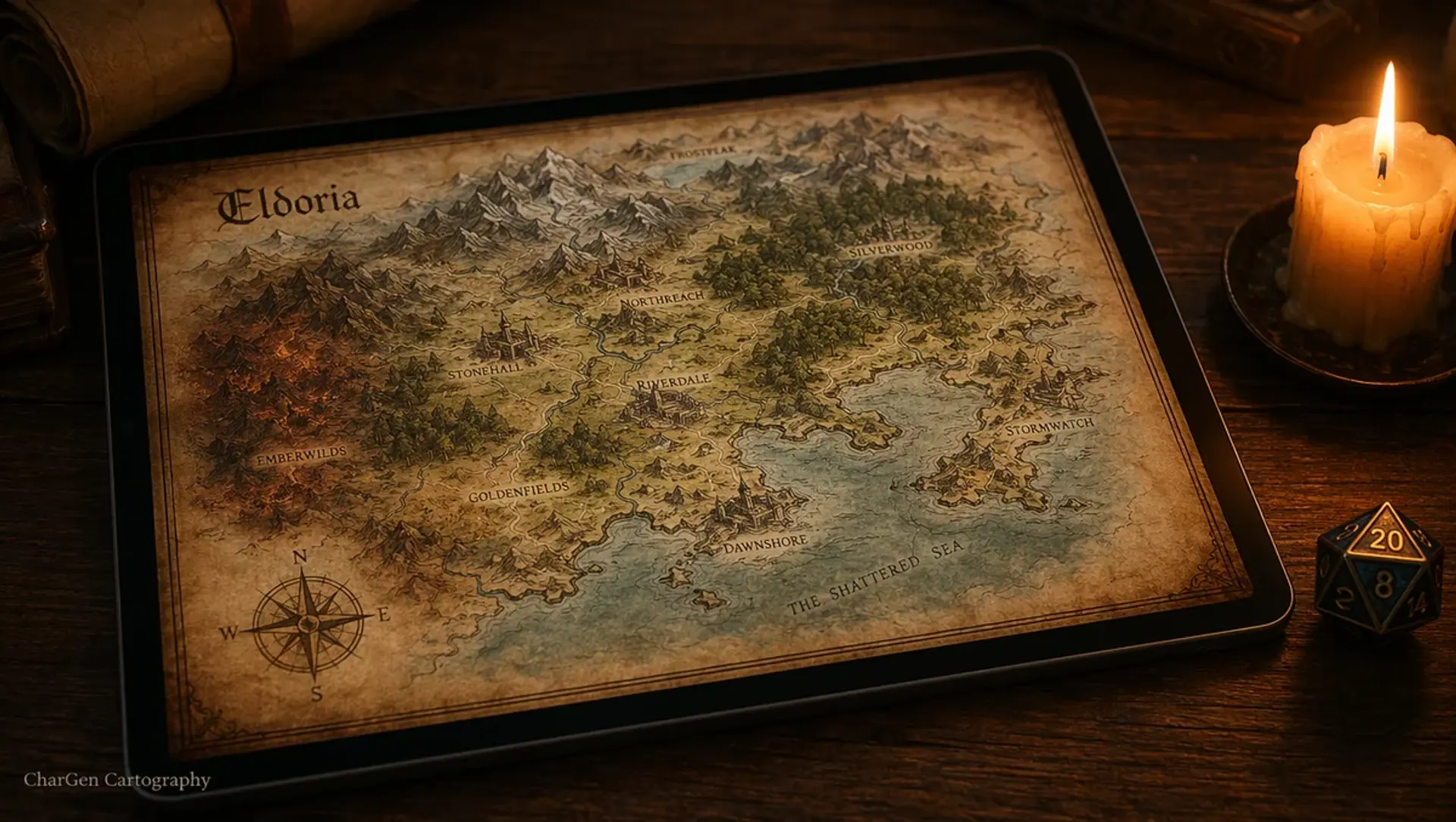 A candlelit fantasy world map prepared for a tabletop campaign