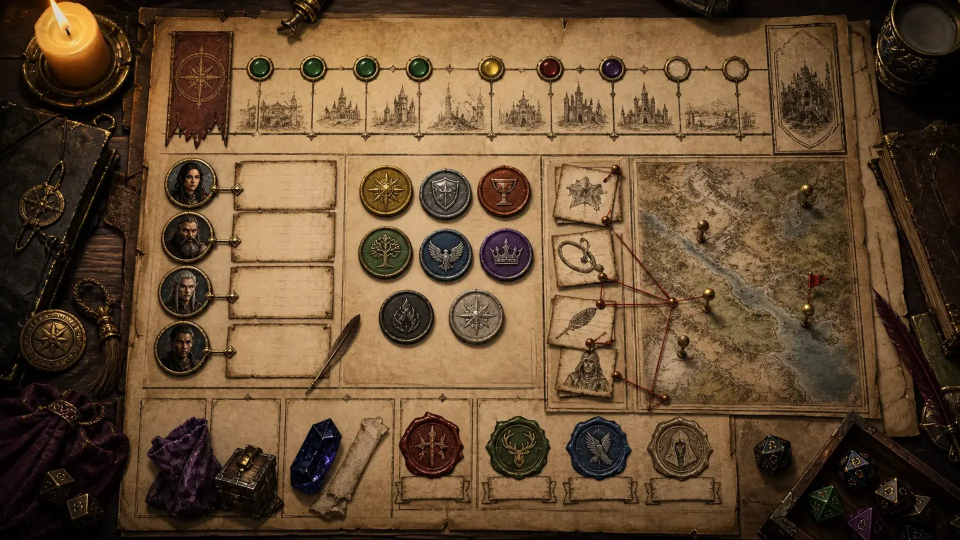 A campaign quest board linking characters, locations and objectives