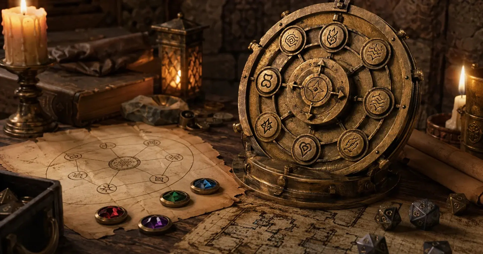 A fantasy puzzle chamber built around an ancient mechanical apparatus