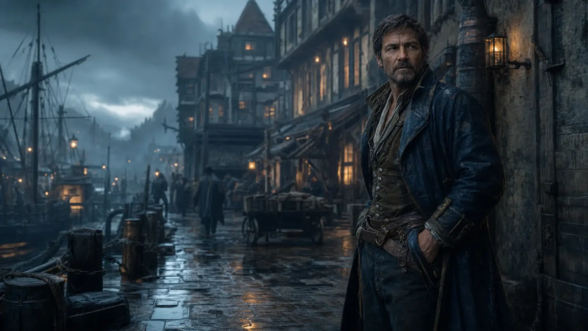A weathered harbour master standing in a rain-darkened fantasy port