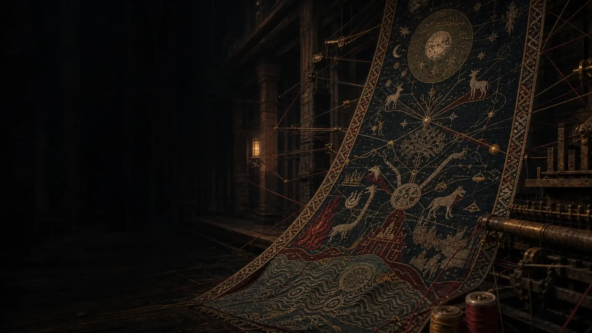 A woven celestial map of gods, domains and myths in a dark fantasy archive