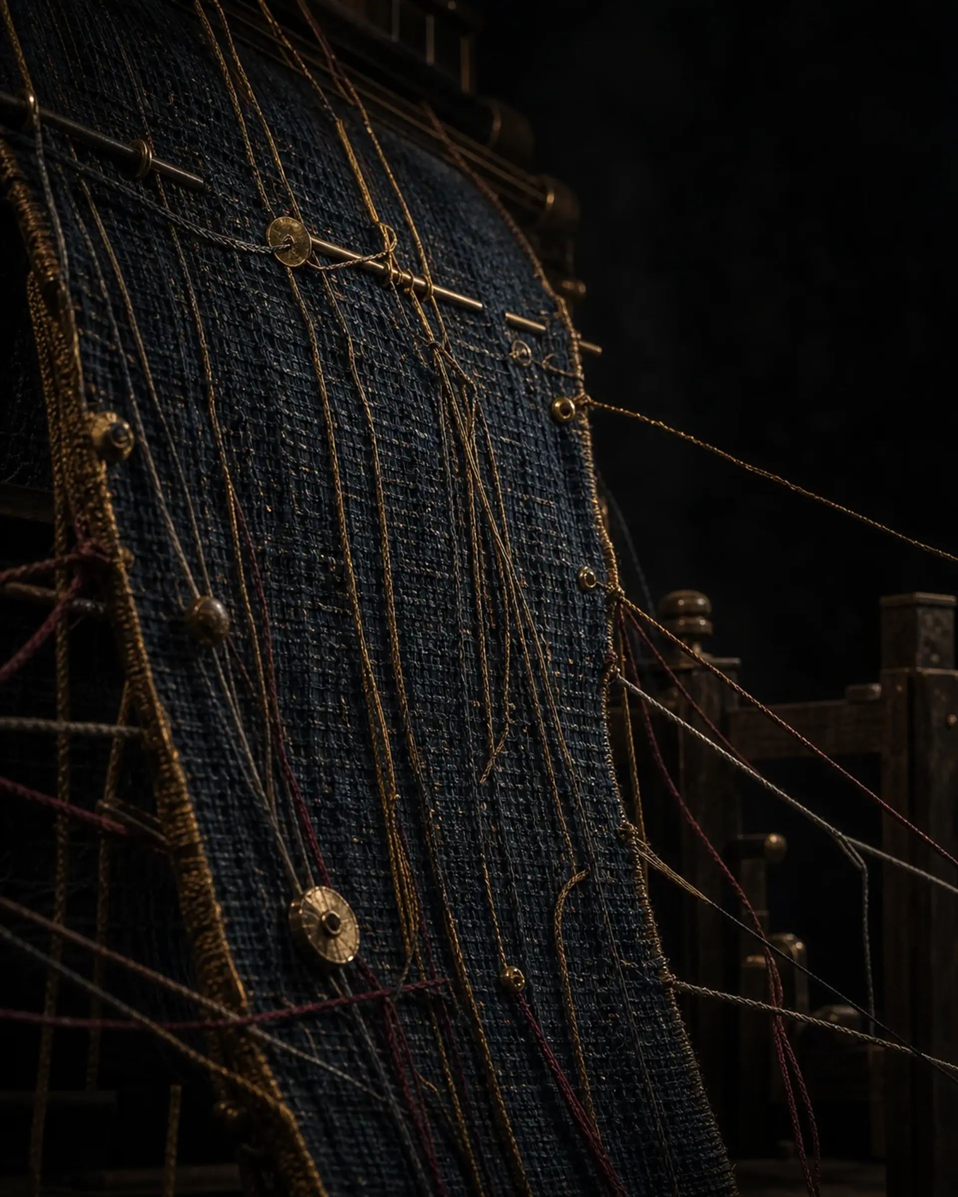 Close view of midnight-blue tapestry fibres, brass pins and linked threads