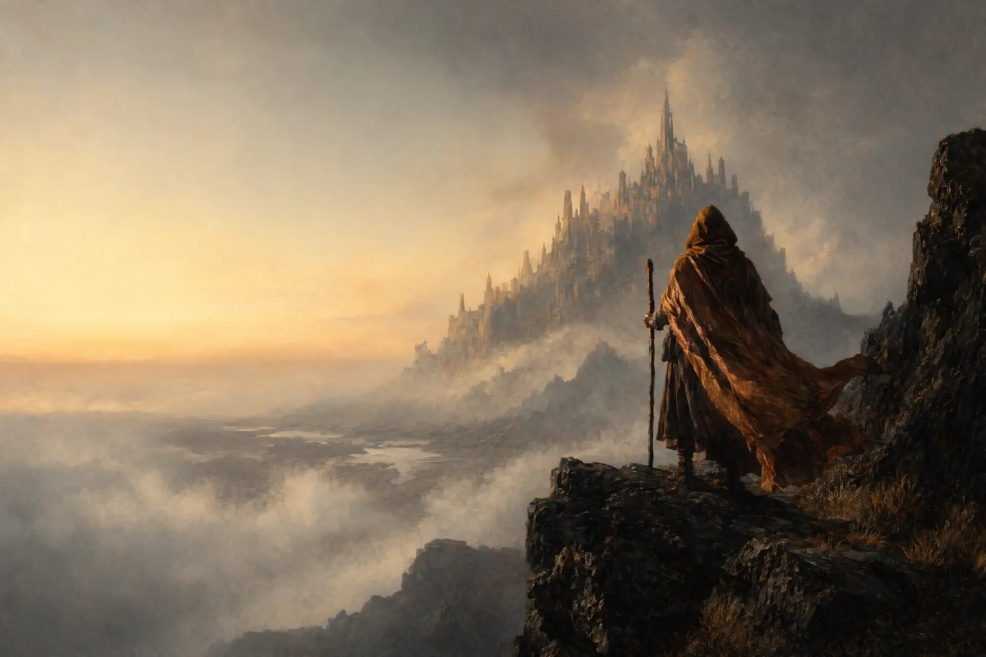 A hooded traveller stands at a cliff edge looking across a valley toward a distant citadel at dawn