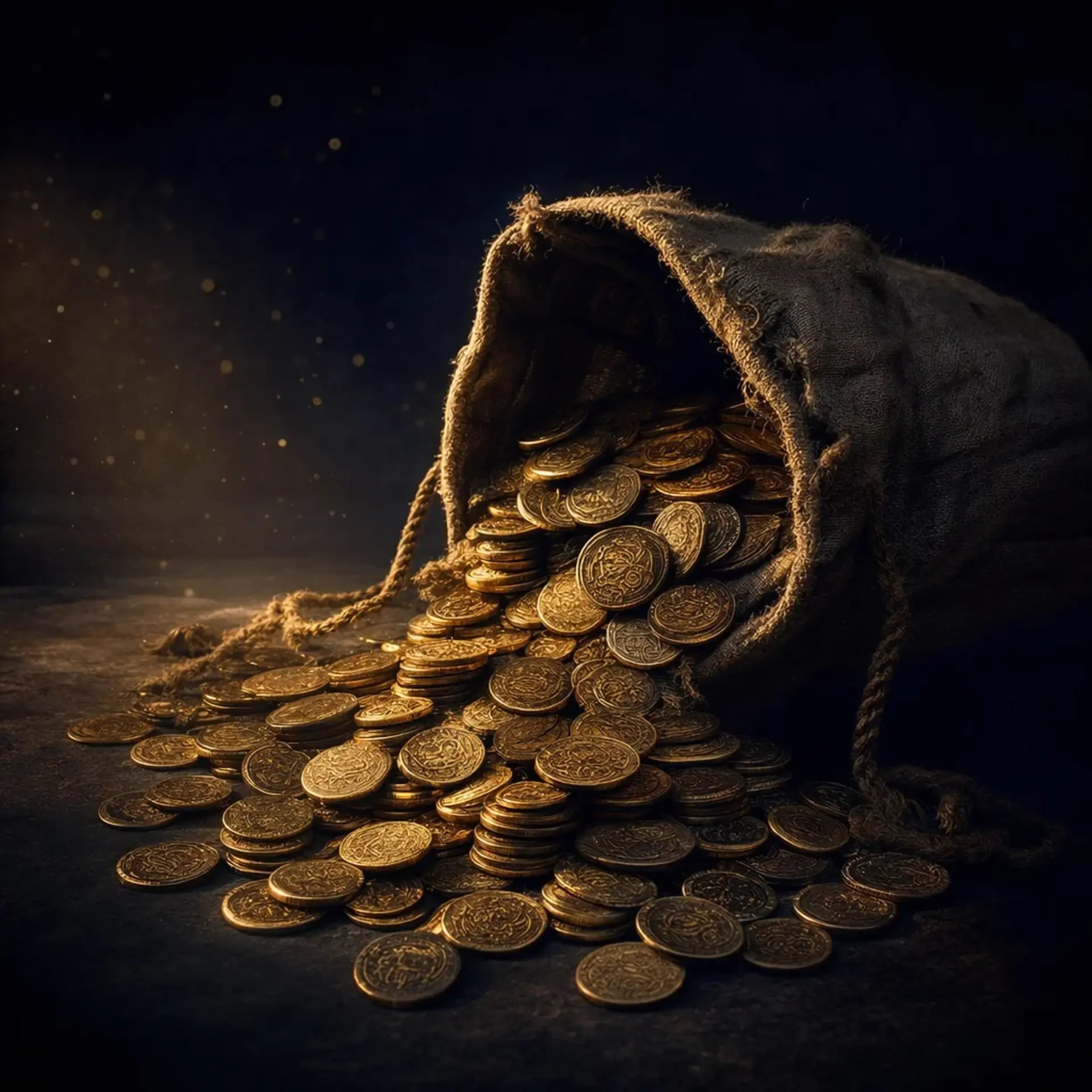 A burlap pouch tipped over with antique gold coins spilling out across a dark surface
