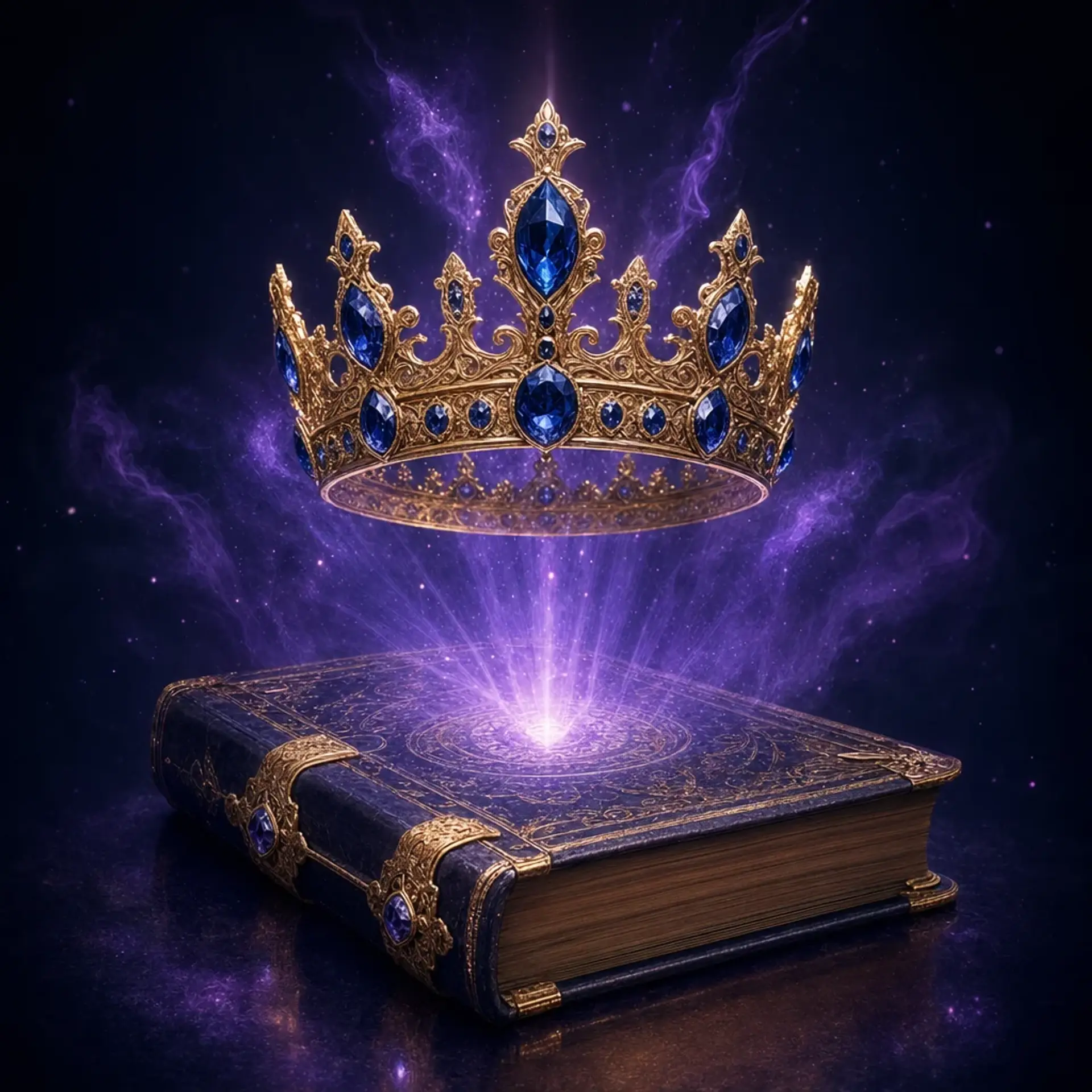 A royal gold crown with sapphires hovering above a closed leather spellbook with violet light bursting upward