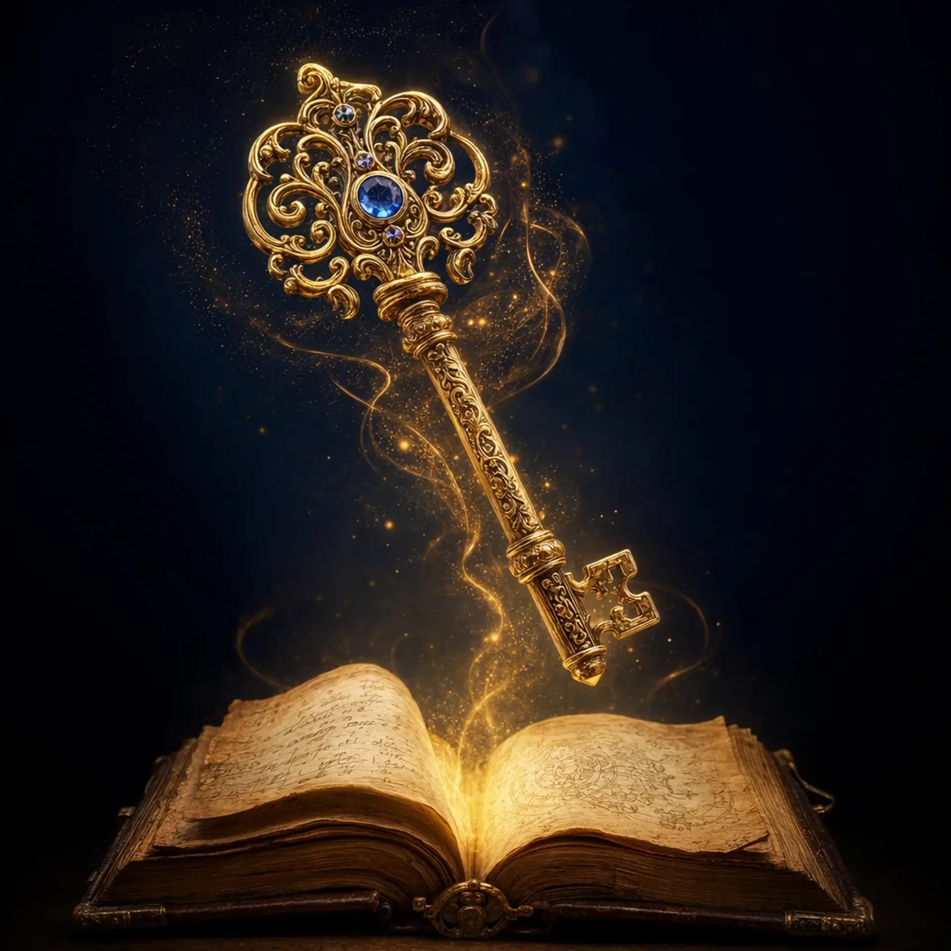 An ornate filigreed gold skeleton key hovering above an open spellbook with magical script