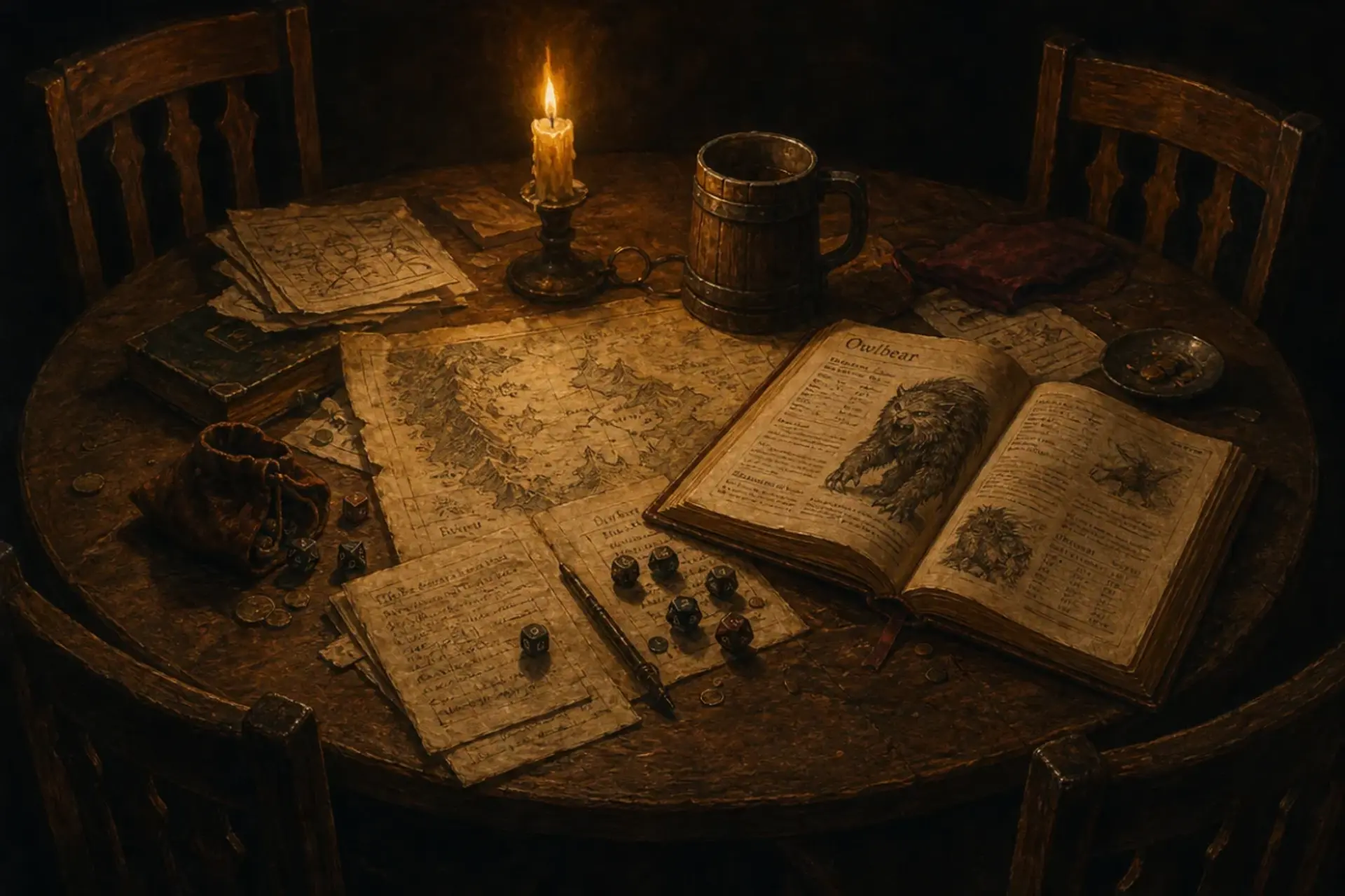 A round wooden tavern table at night, scattered with parchment maps, dice, candles, and an open bestiary