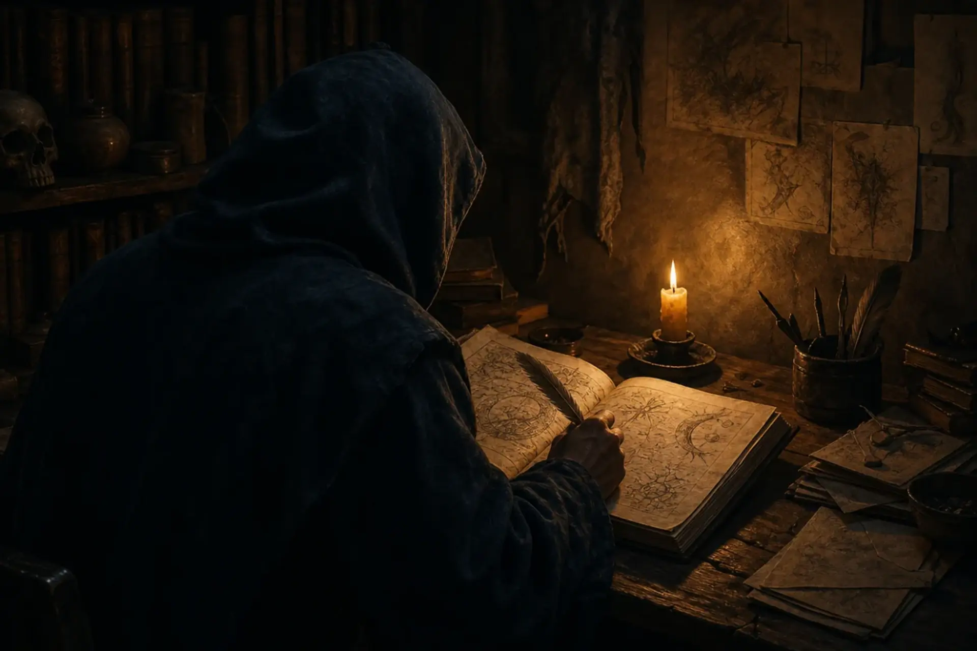 A hooded figure leans over a candle-lit desk taking ink-and-quill notes in a spellbook