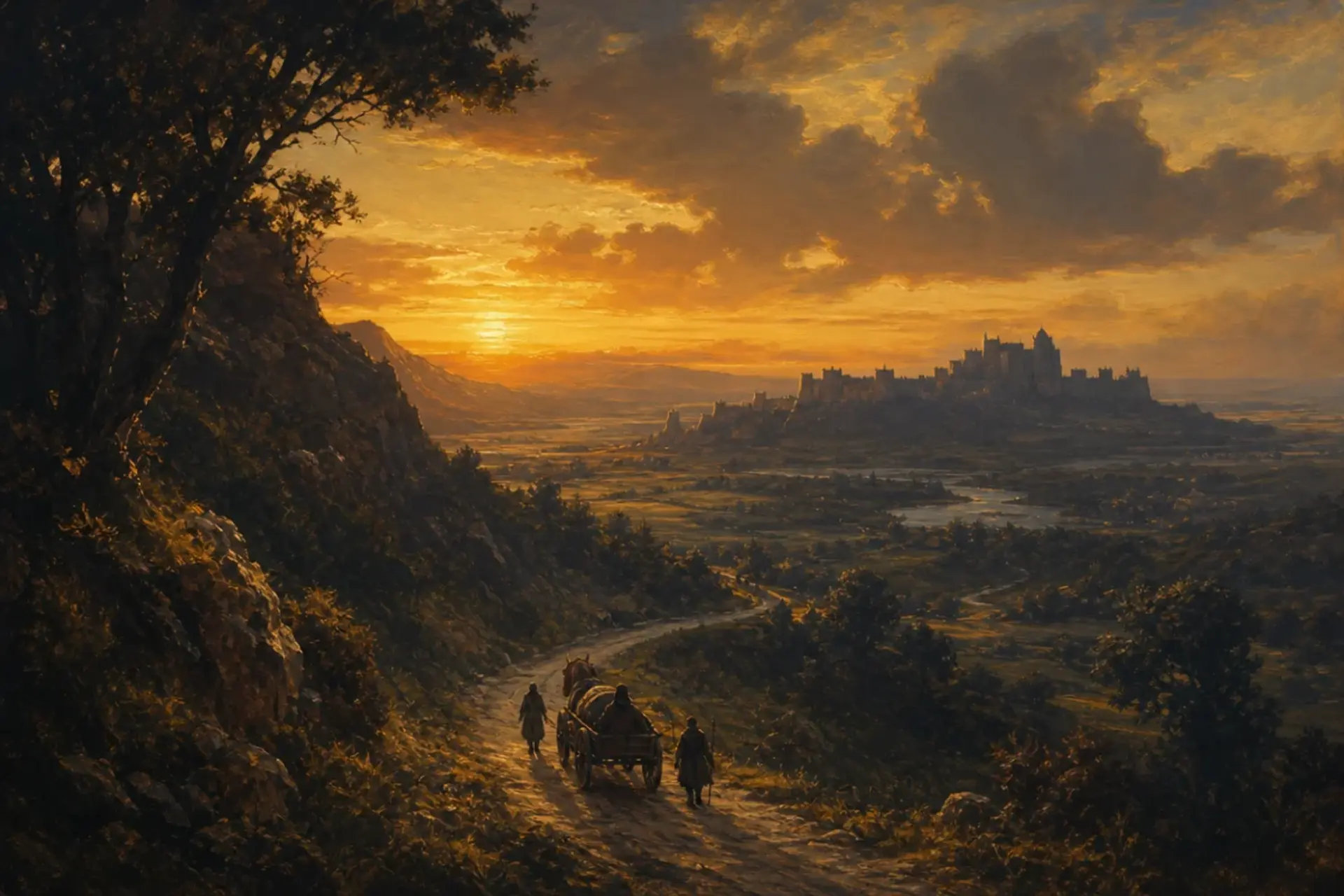 A small caravan winds along a road through a sweeping valley toward a distant citadel at dusk