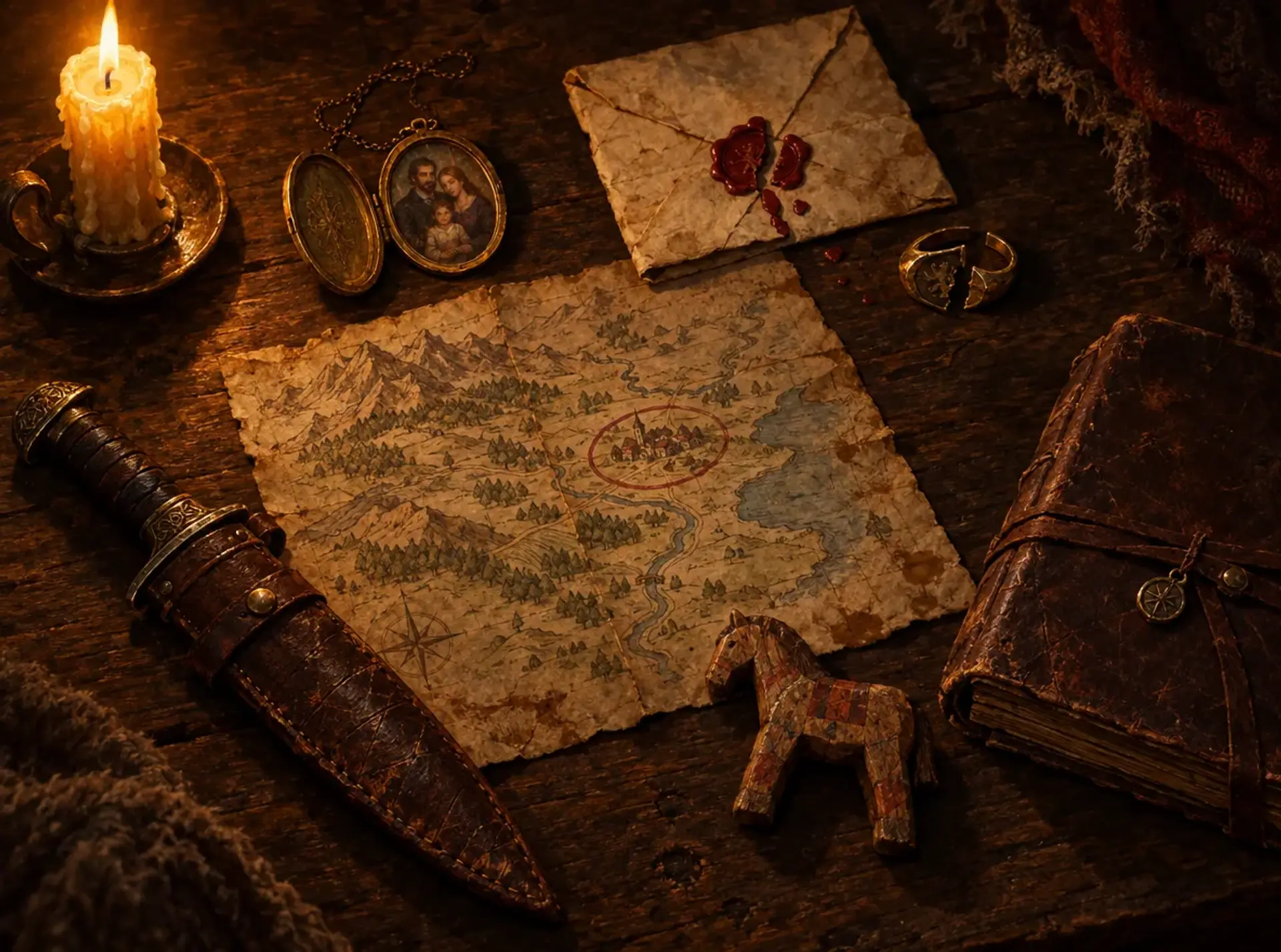 An adventurer's keepsakes on a candlelit table: a family locket, a sealed letter, a broken ring and a map