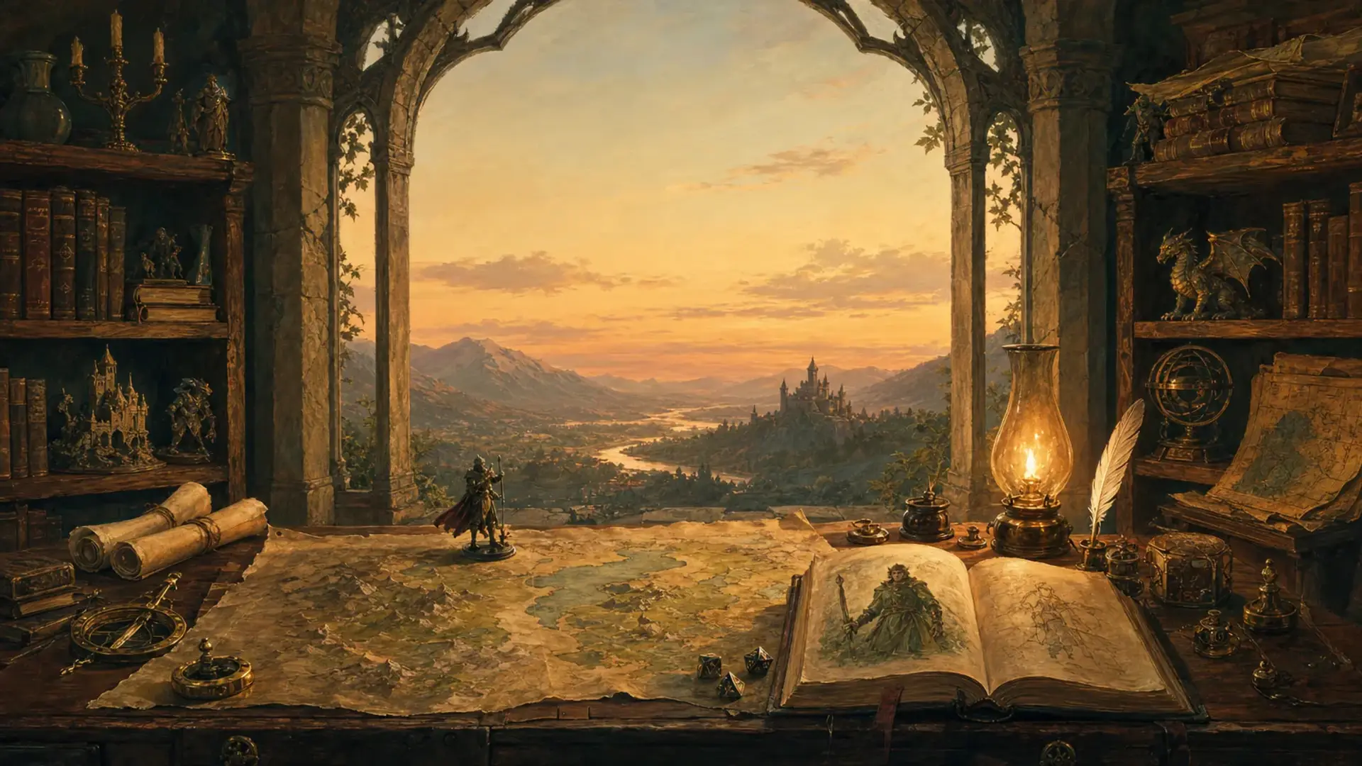 A painted Dungeon Master's study at dusk. Framing bookshelves on either side, a heavy wooden desk holding a fantasy map, a painted miniature, an open journal, brass compass and a lit oil lamp. Through a tall arched window a fantasy valley with a distant castle catches the golden hour.