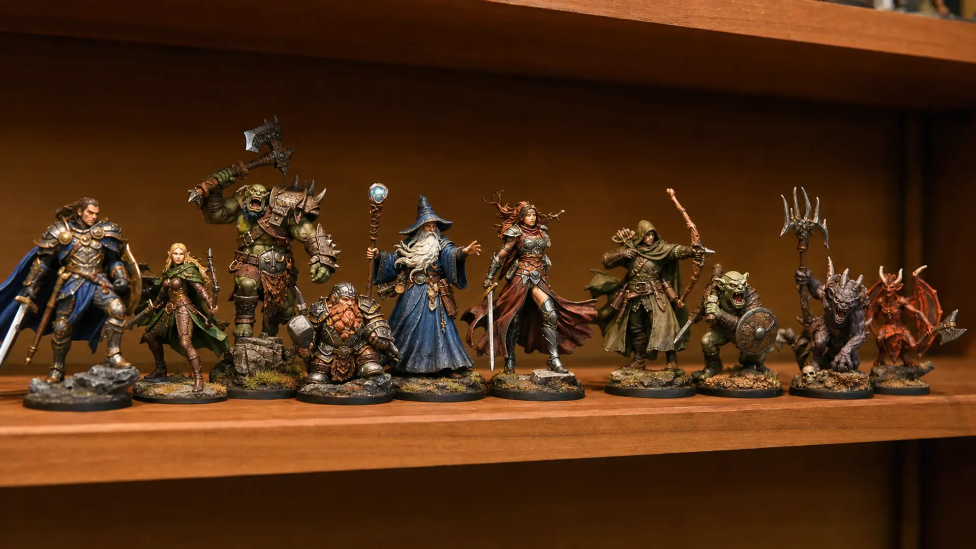 A shelf lined with painted fantasy tabletop miniatures