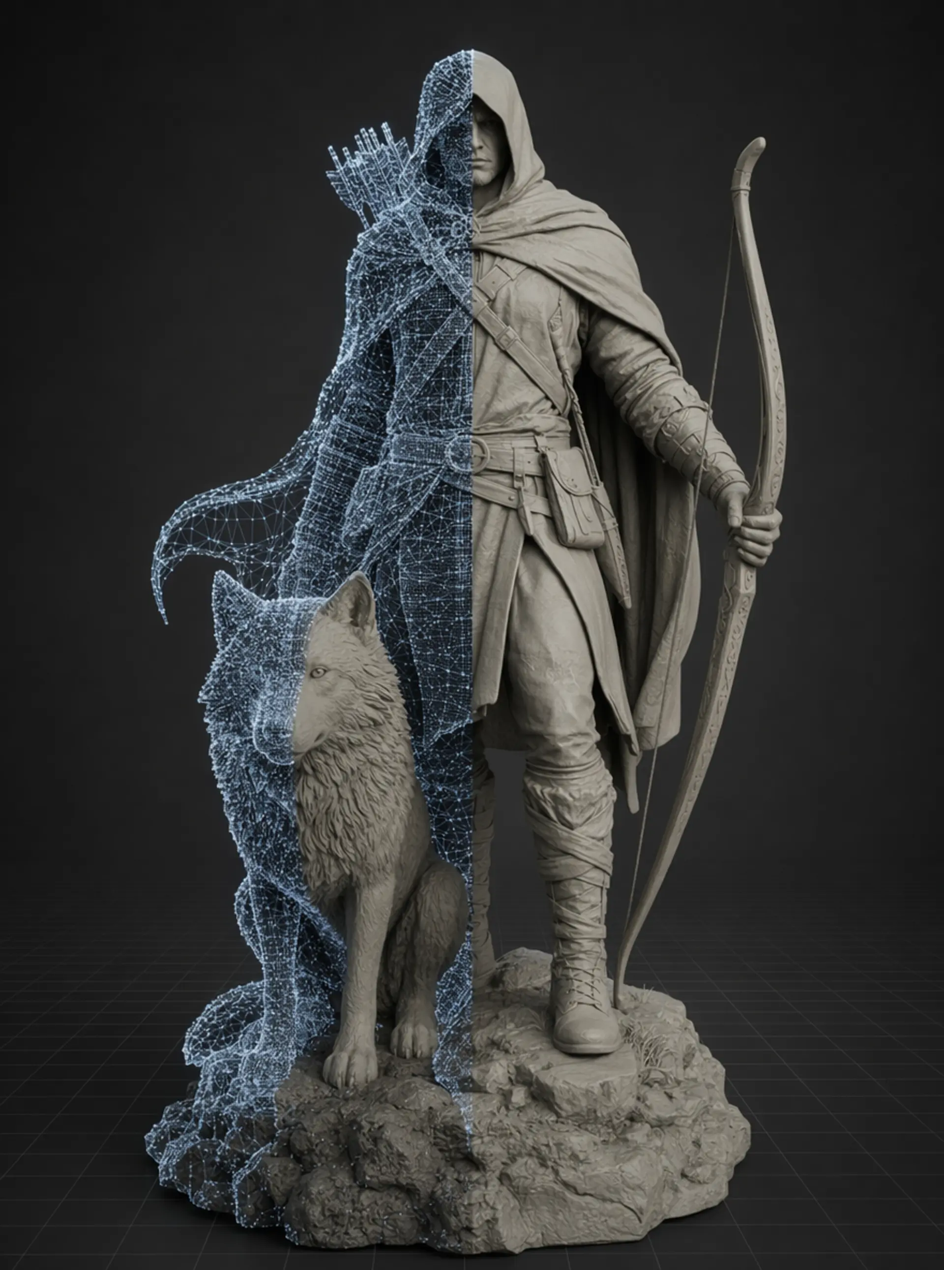 A ranger miniature with a wolf companion, the left half a wireframe mesh and the right half solid grey resin