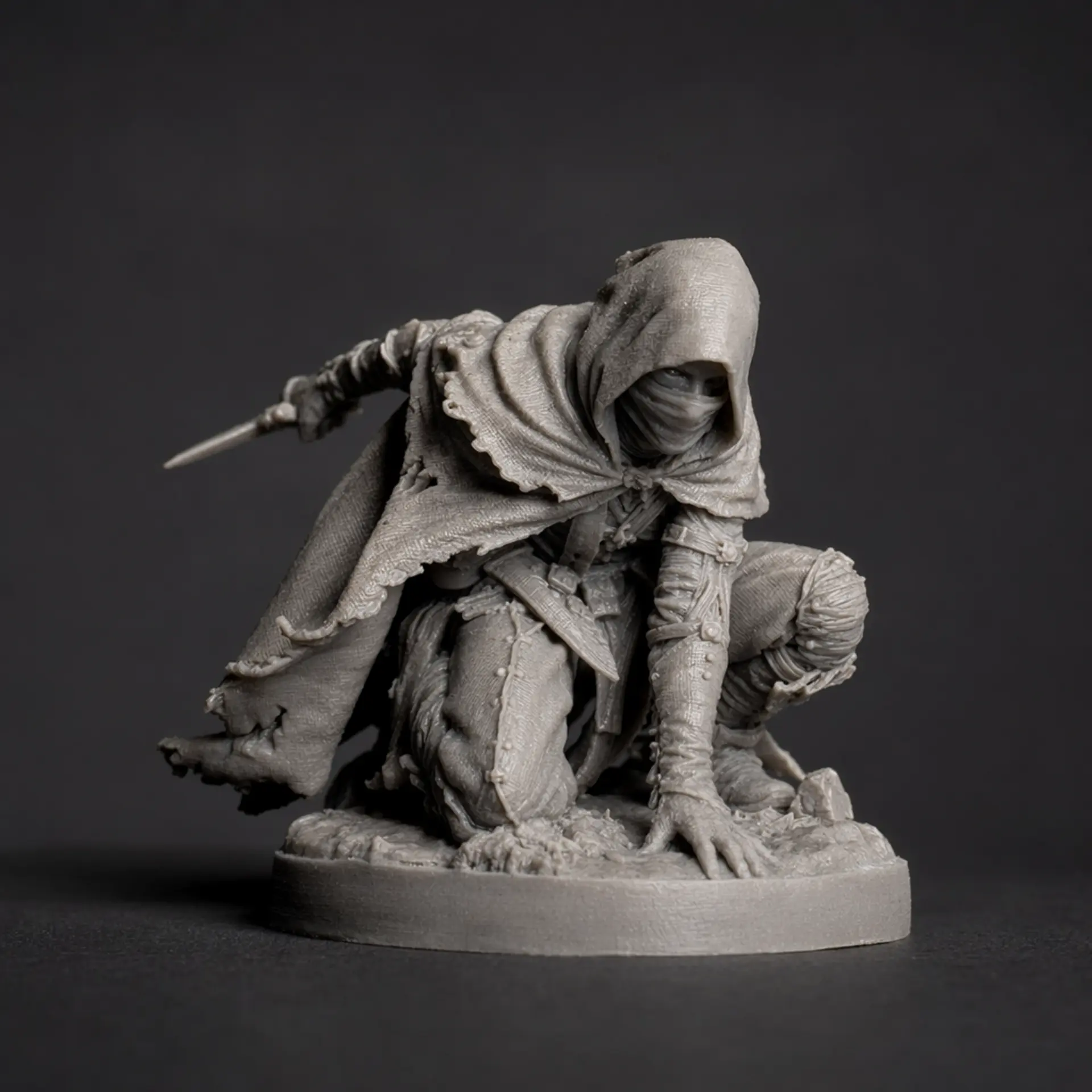 A grey resin tabletop miniature: Rogue