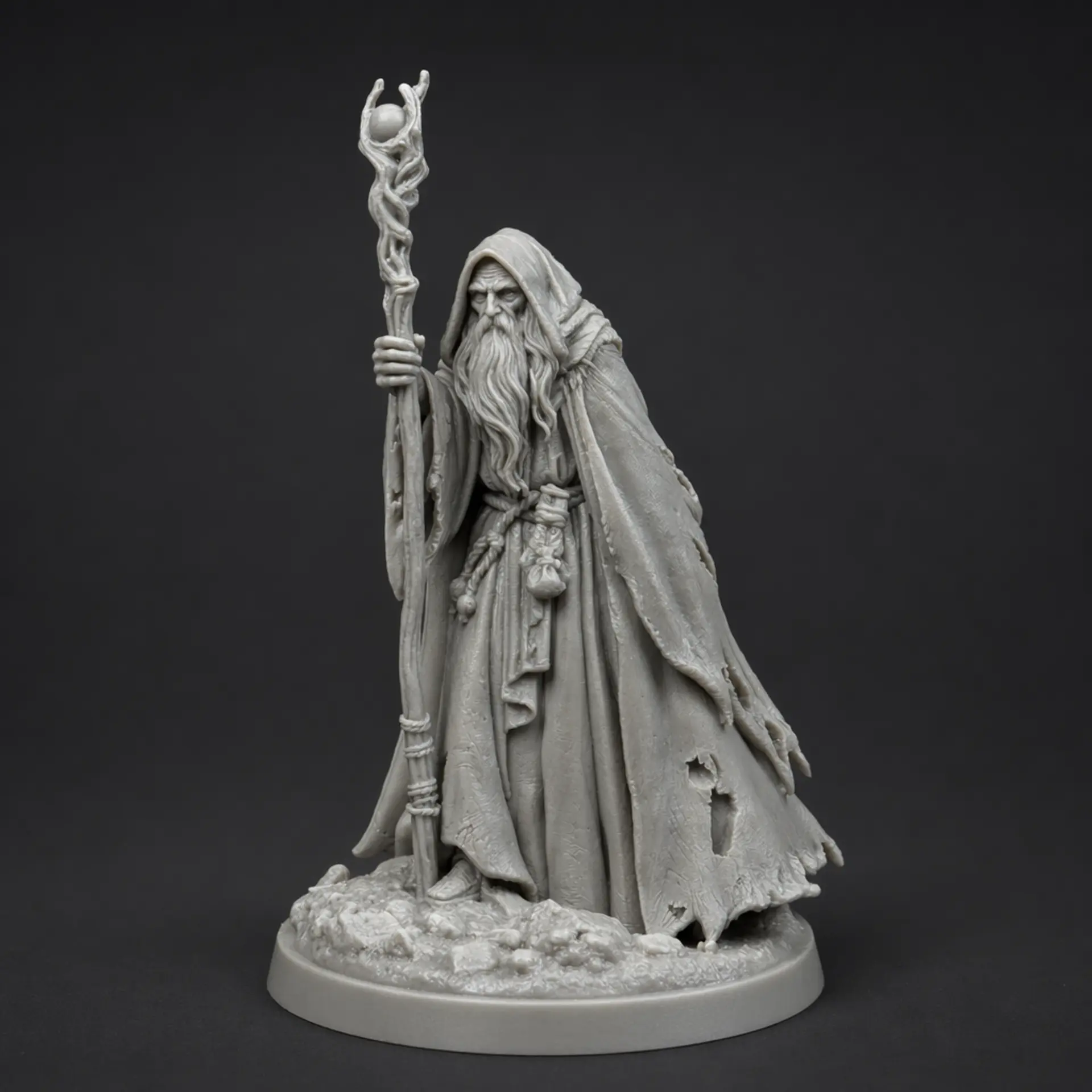 A grey resin tabletop miniature: Wizard