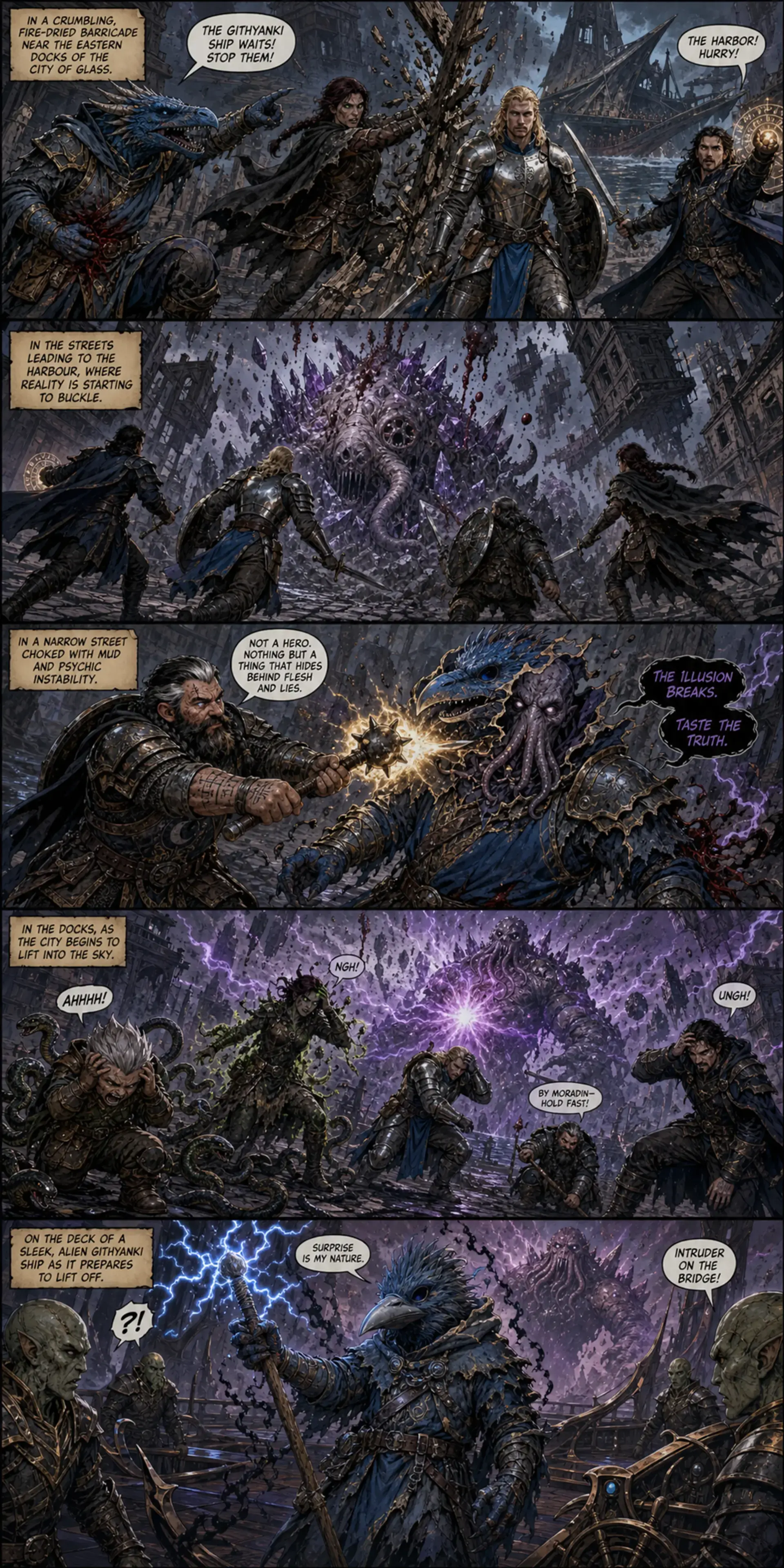 Example session storyboard: five comic panels showing key events from a tabletop RPG session, including a barricade scene, psychic combat, and a Githyanki ship escape.